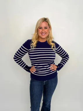 Navy & White Striped Button Cuff Sweater