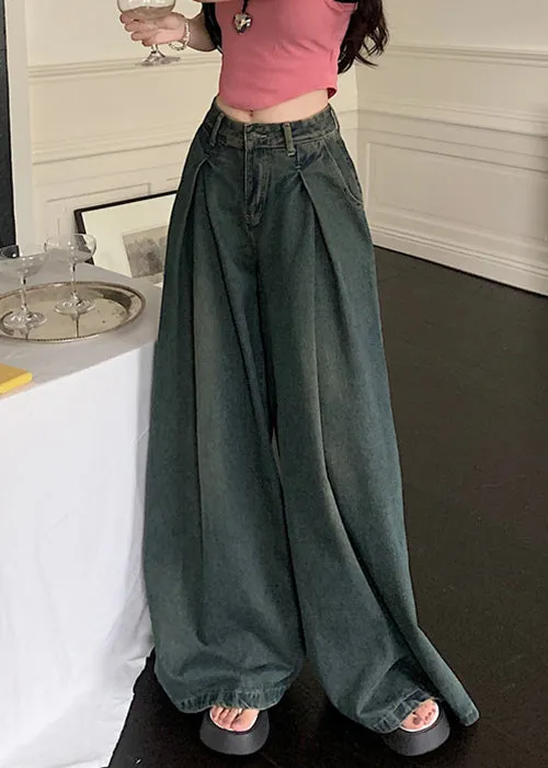 New Blue Pockets High Waist Denim Wide Leg Pants Summer PP009