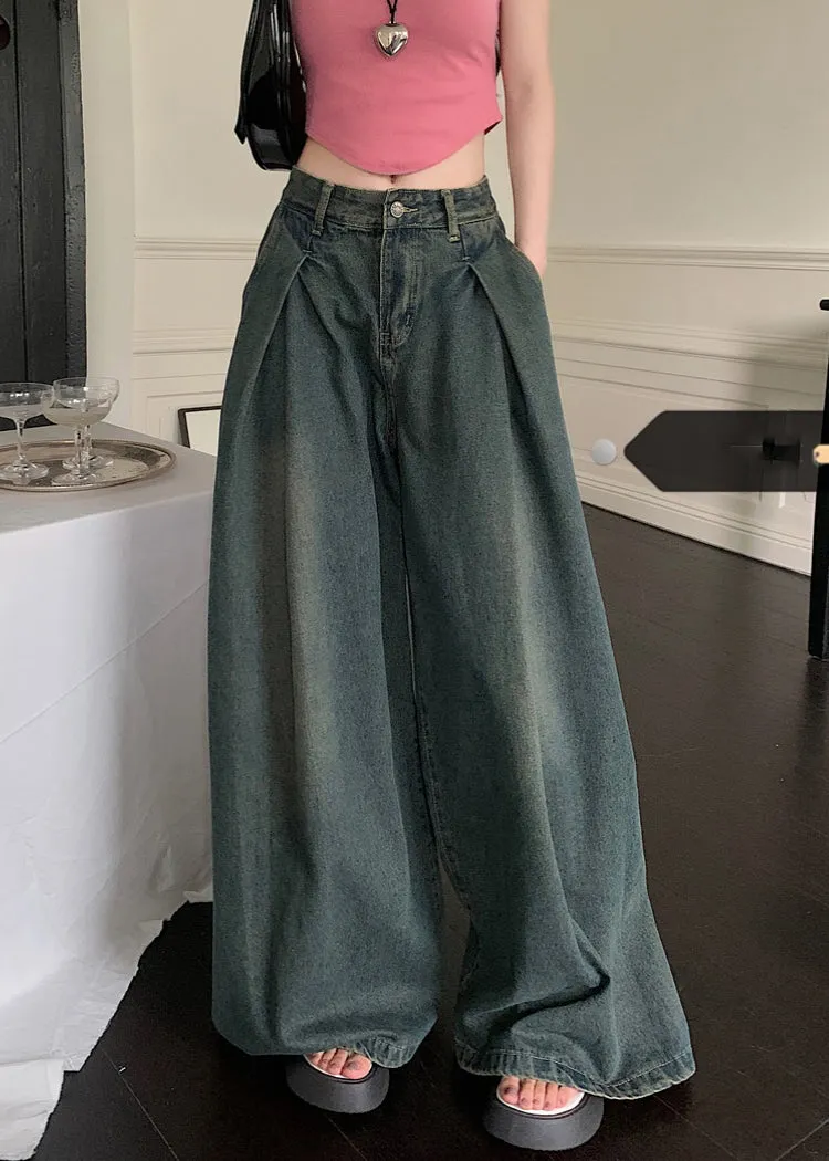 New Blue Pockets High Waist Denim Wide Leg Pants Summer PP009