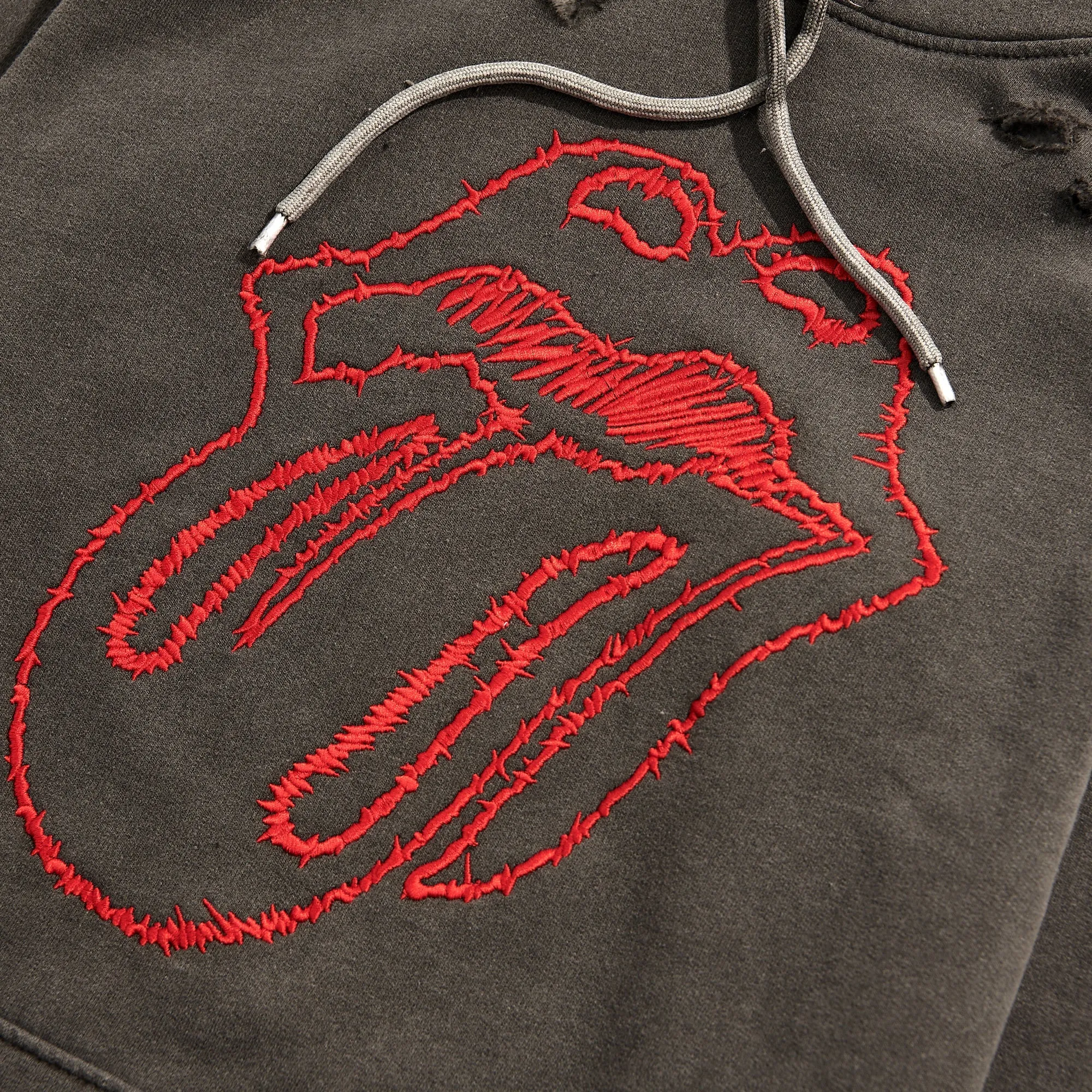 No. 9 Embroidered Sketch Tongue Distressed Hoodie