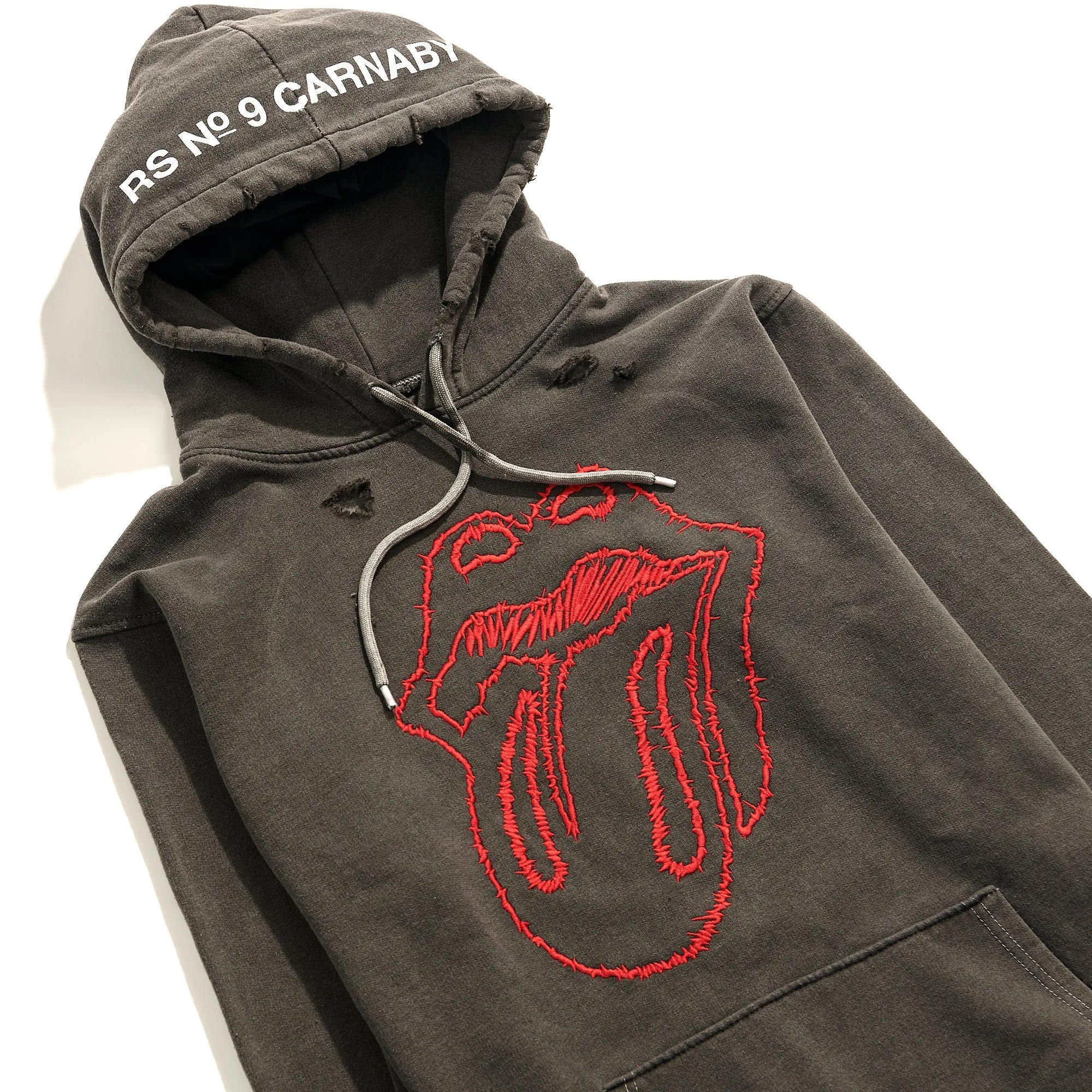 No. 9 Embroidered Sketch Tongue Distressed Hoodie