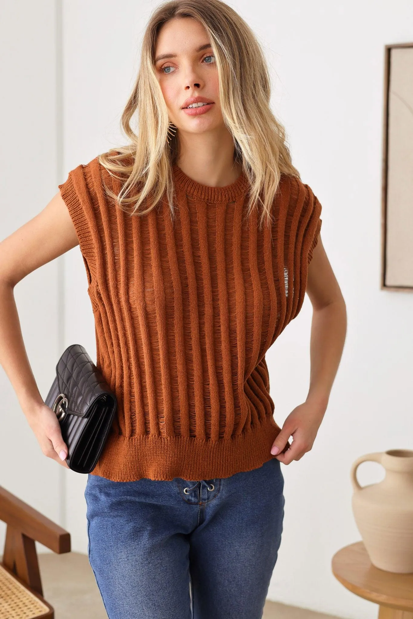 Oversize Sleeveless Ladder Stitch Ribbed Sweater Top