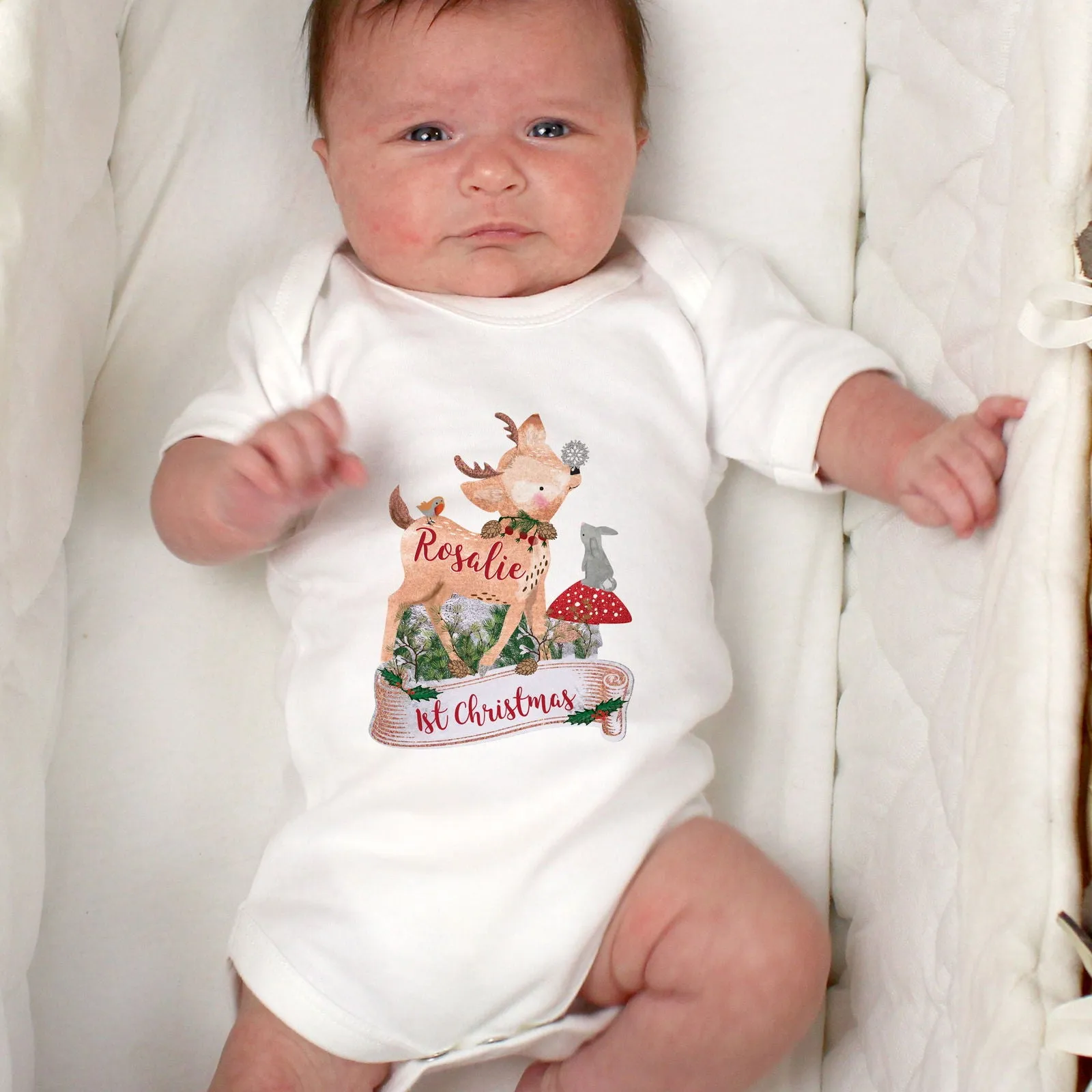 Personalised Festive Fawn 0-3 Months Baby Vest