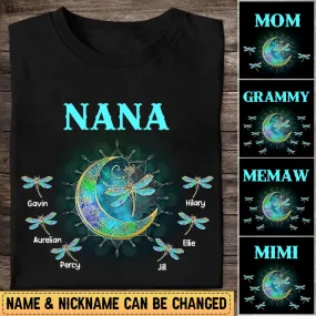 Personalized Grandma Mom Kids Dragonfly Moon T-shirt, Perfect Shirt for Mimi Grandma Mom in Mother's Day