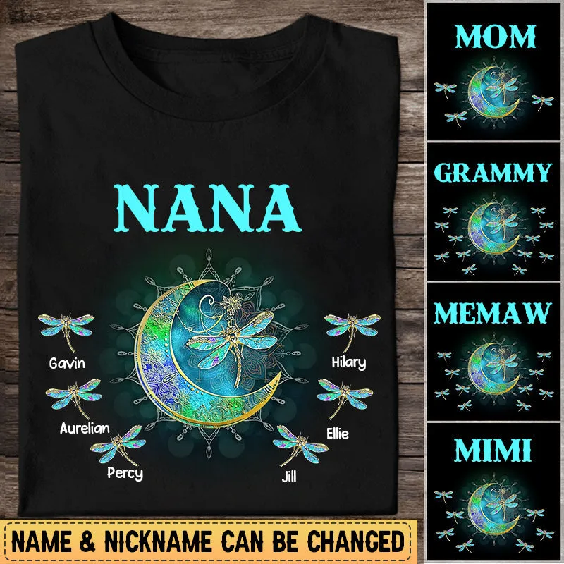 Personalized Grandma Mom Kids Dragonfly Moon T-shirt, Perfect Shirt for Mimi Grandma Mom in Mother's Day