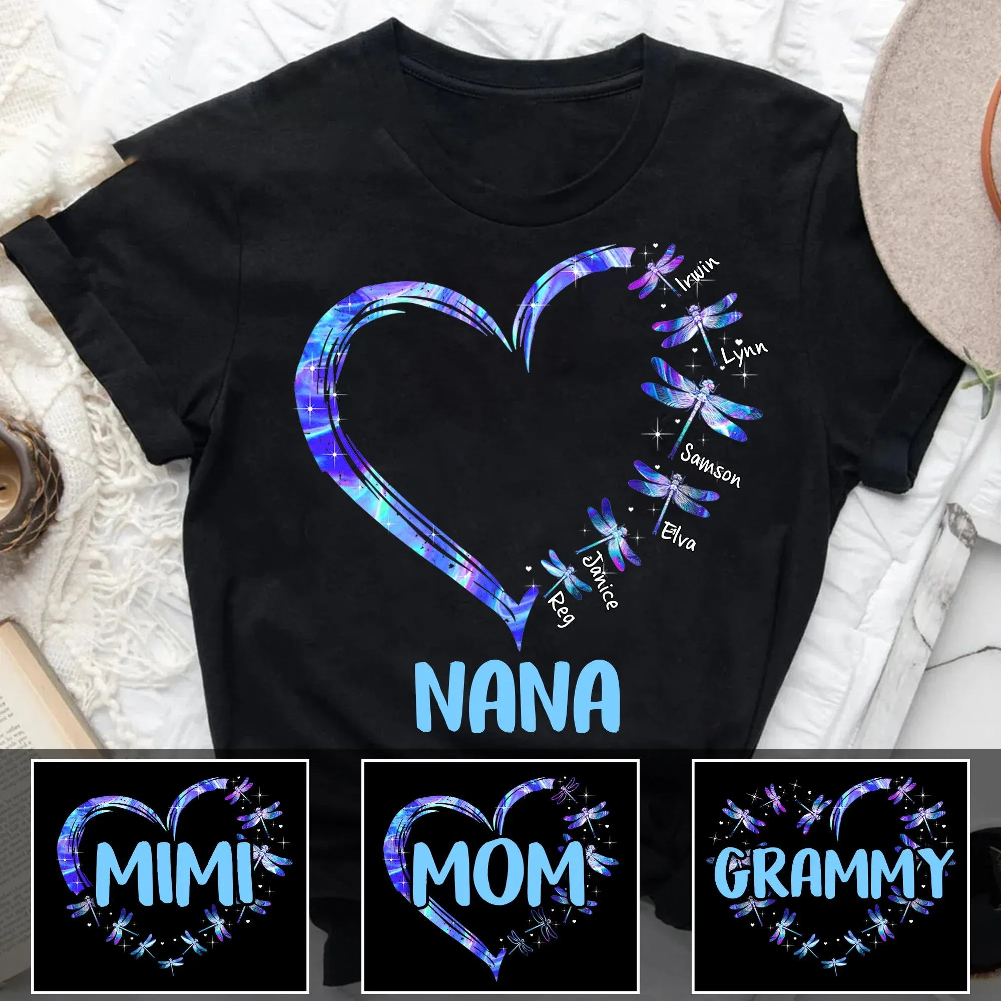 Personalized Heart Dragonfly Grandma/Mom Kids T-shirt, Perfect Gift for Mom Grandma Mimi Nana Gigi