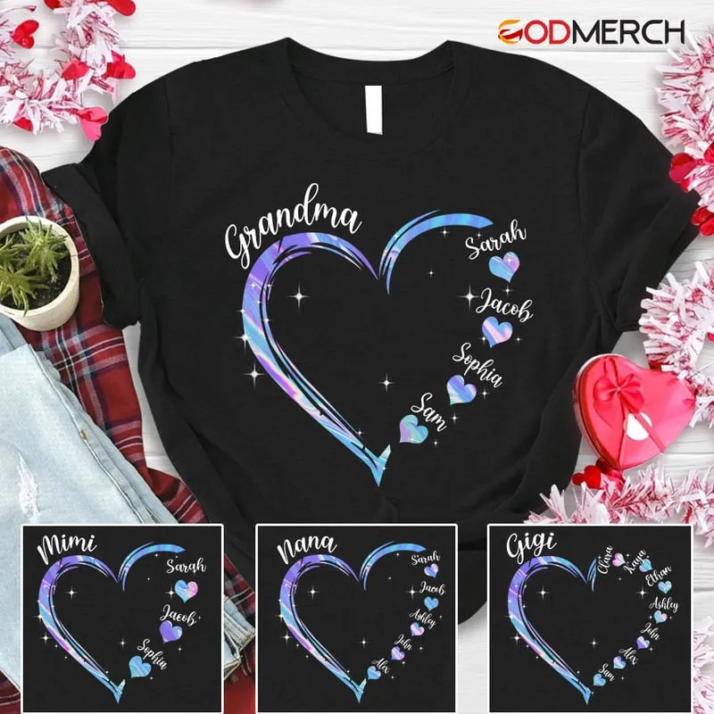 Personalized Hologram Grandma Hearts Grandkids Names, Best Shirt Gift for Mother's Day