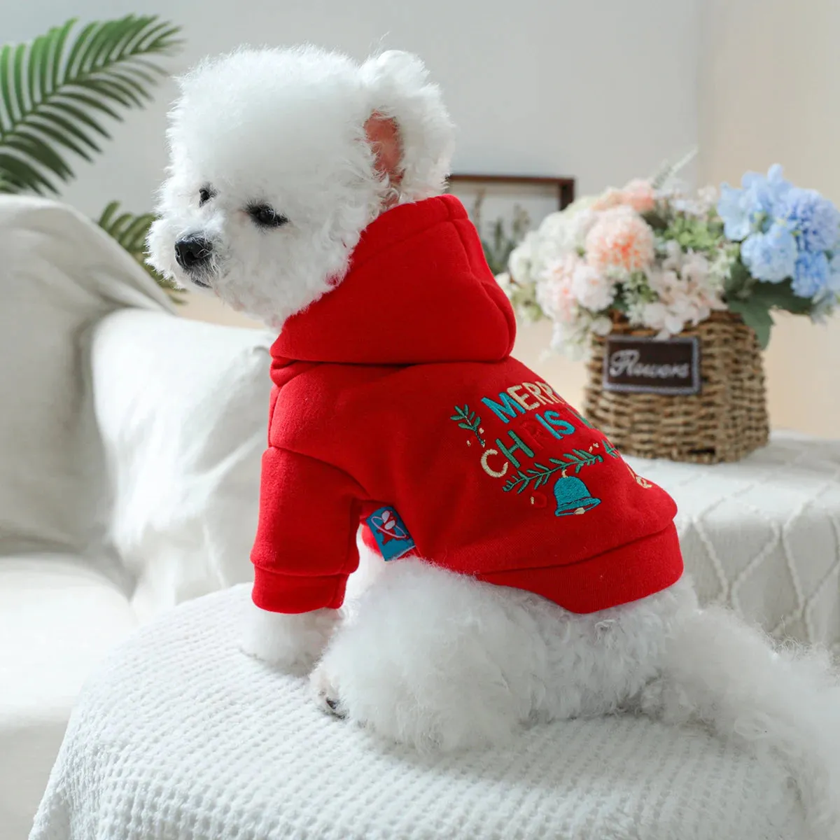 Pet Clothing Christmas Bell Hooded Hoodie Red Spring and Autumn Hoodie Coat Suitable for Small and Medium sized Dogs 1PC