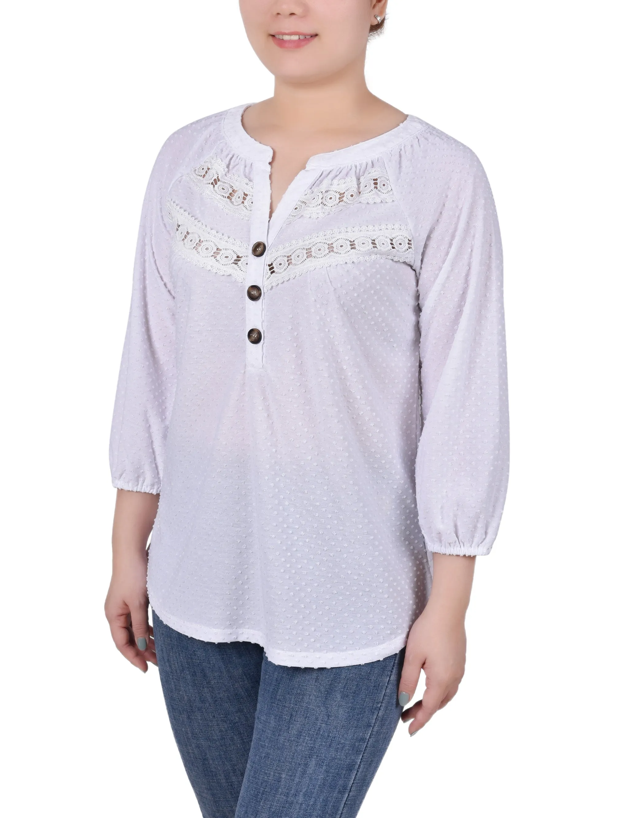 Petite 3/4 Sleeve Swiss Dot Top