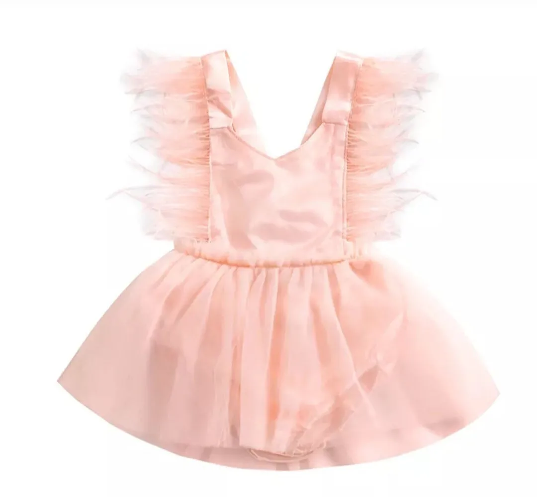 Pink Romper with Romantic Tutu and Feather Detail #1001074