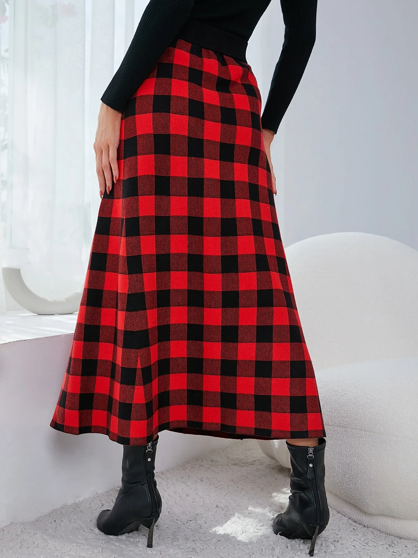 Plaid High Waist Long Women Sweater Skirt