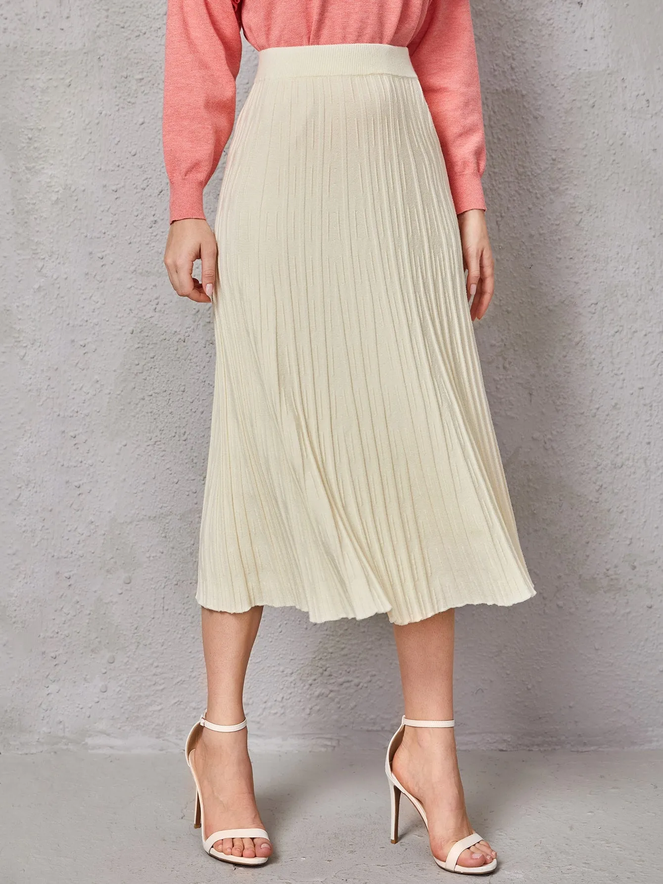 Plain Pleated High Waist Midi Women Sweater Skirt