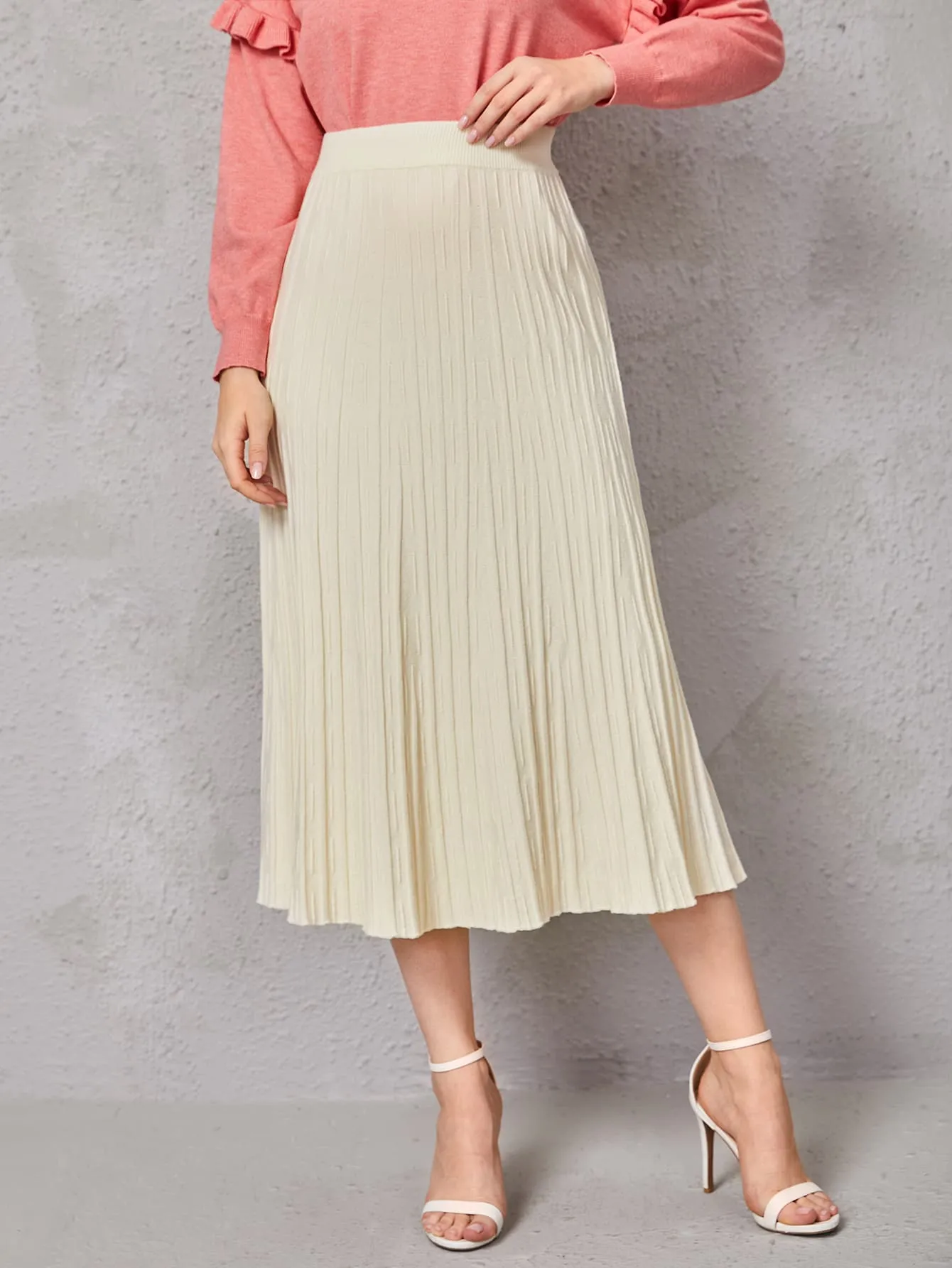 Plain Pleated High Waist Midi Women Sweater Skirt