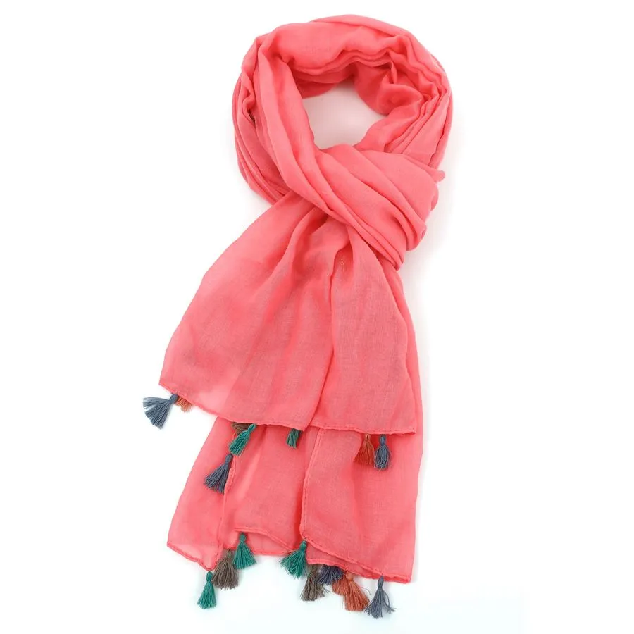 Plain Tassel Scarf | Neon Coral