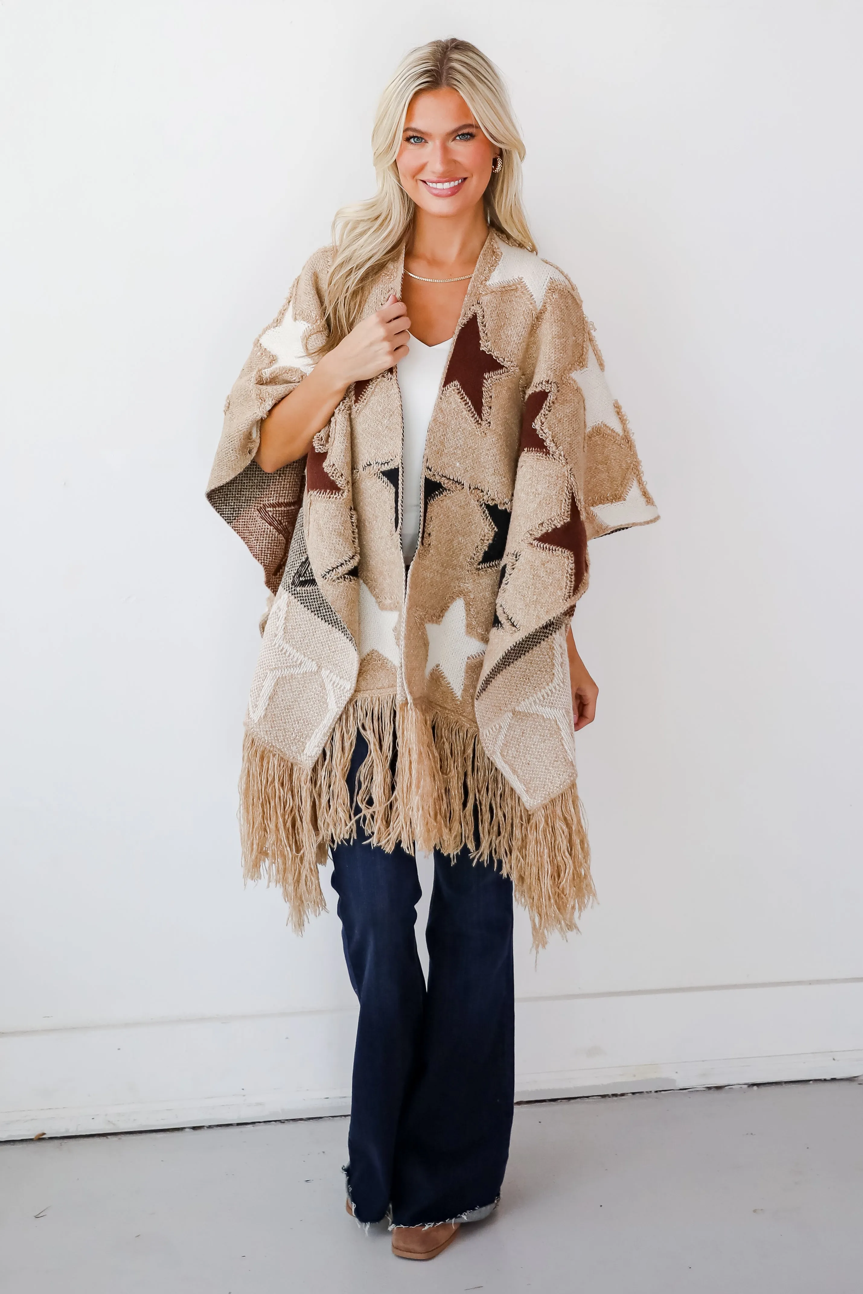 Playful Coziness Beige Star Knit Fringe Shawl