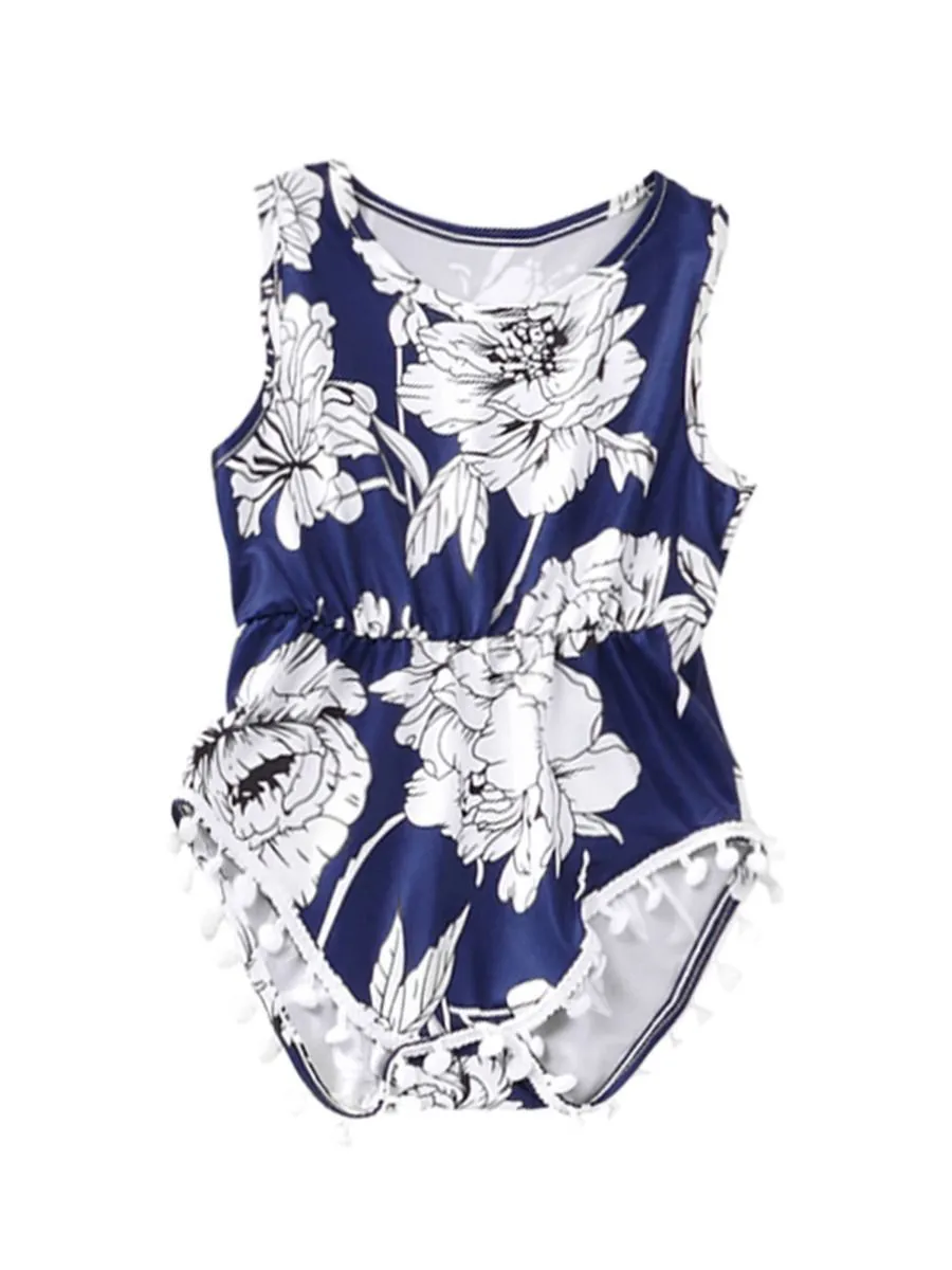 Playsuit Matching Pom Pom Trim Flower Baby Romper