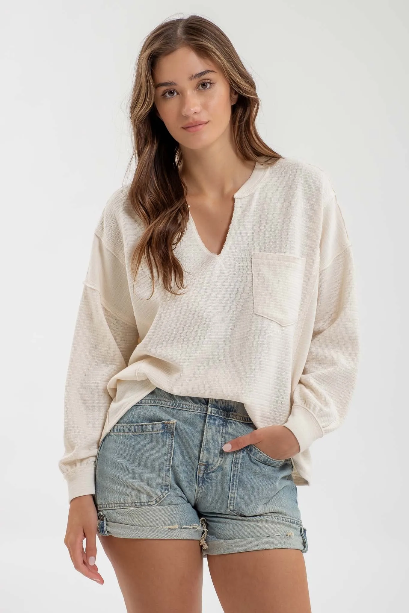 PLUS SOLID PATCHWORK SPLIT NECK KNIT TOP