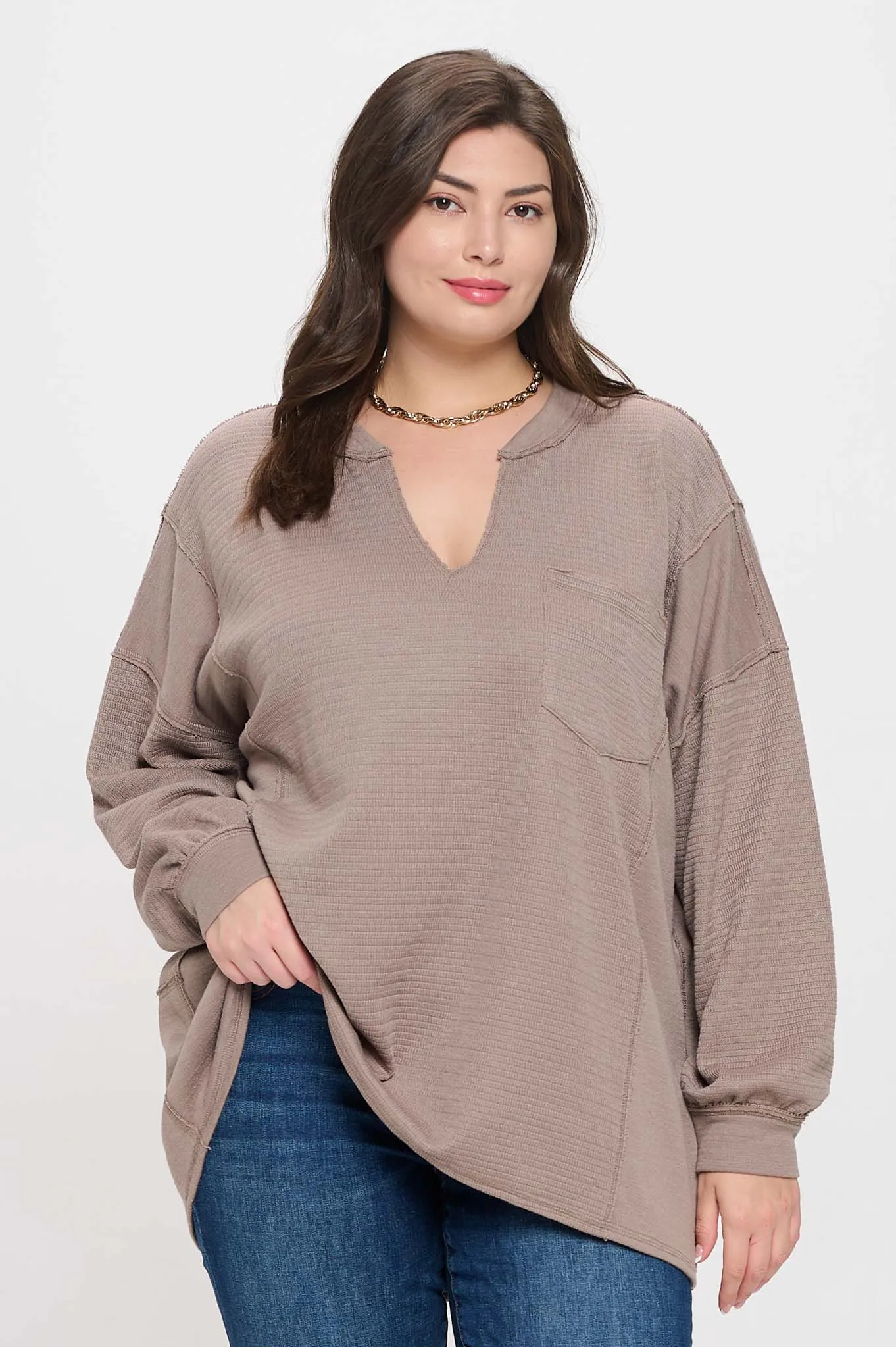 PLUS SOLID PATCHWORK SPLIT NECK KNIT TOP