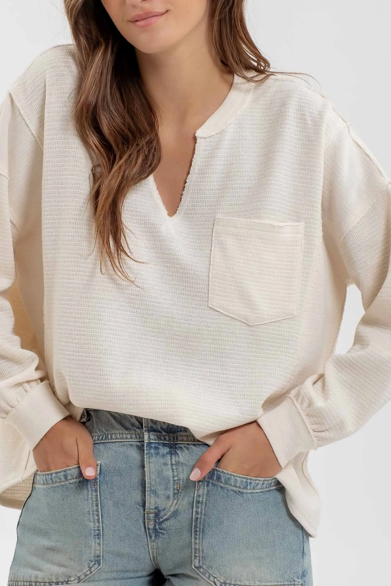 PLUS SOLID PATCHWORK SPLIT NECK KNIT TOP