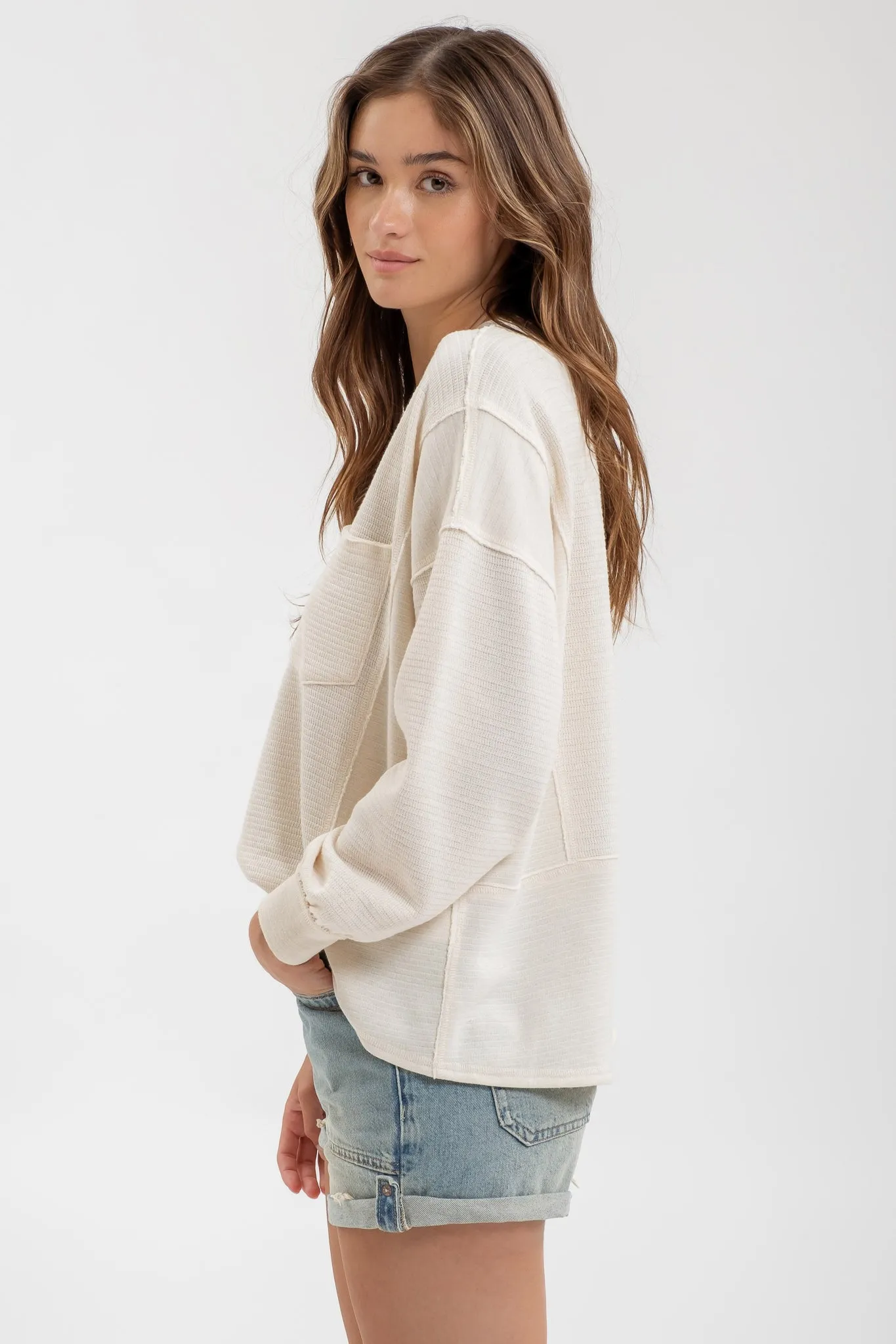 PLUS SOLID PATCHWORK SPLIT NECK KNIT TOP