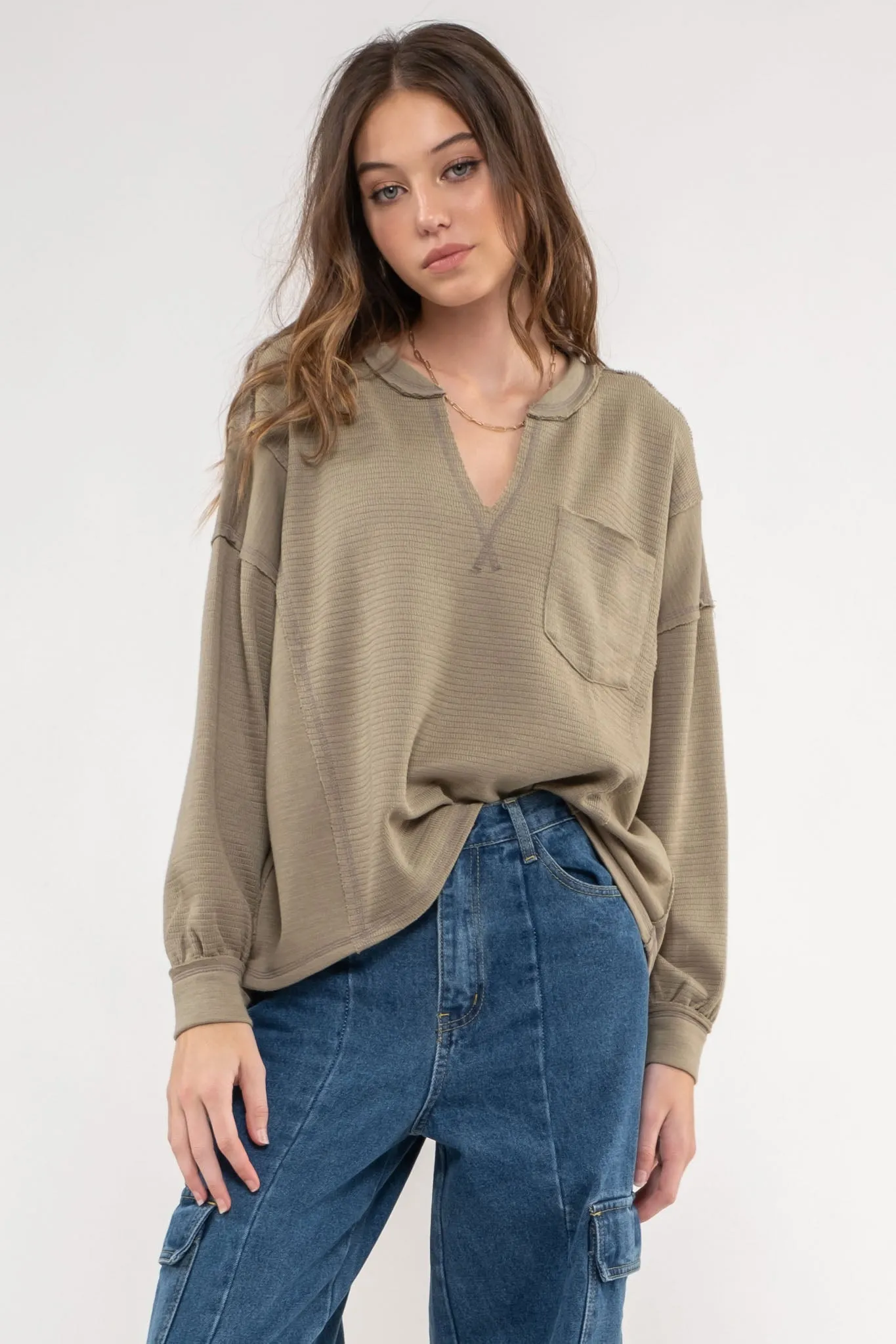 PLUS SOLID PATCHWORK SPLIT NECK KNIT TOP