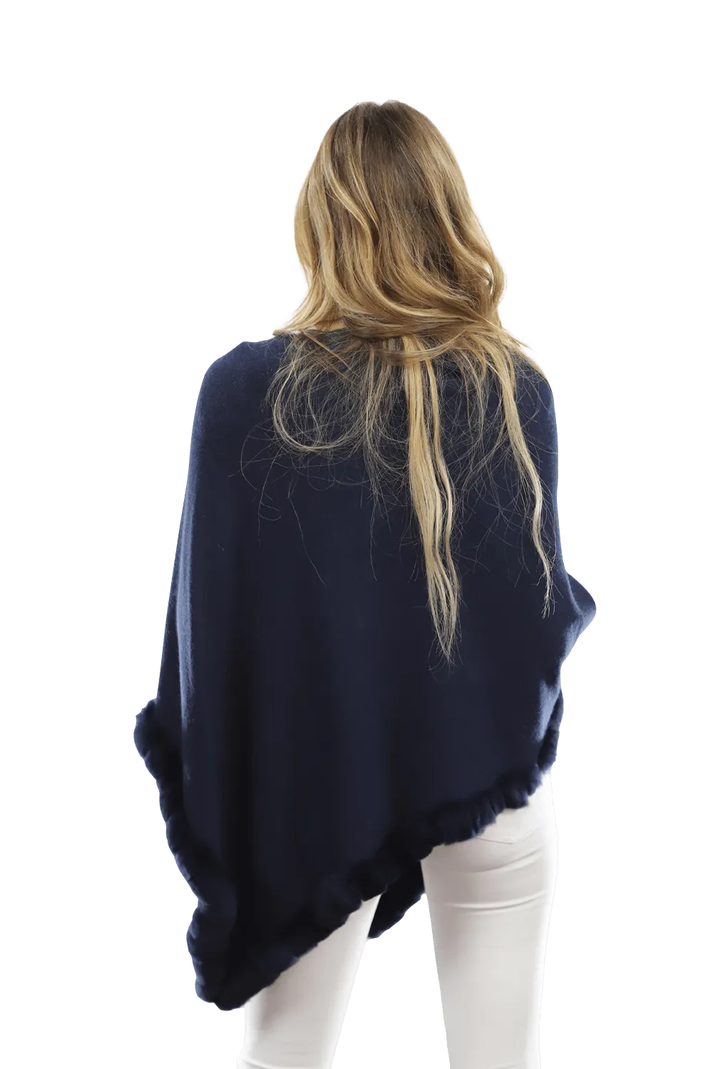 Poncho with Rex Rabbit Trim-Navy