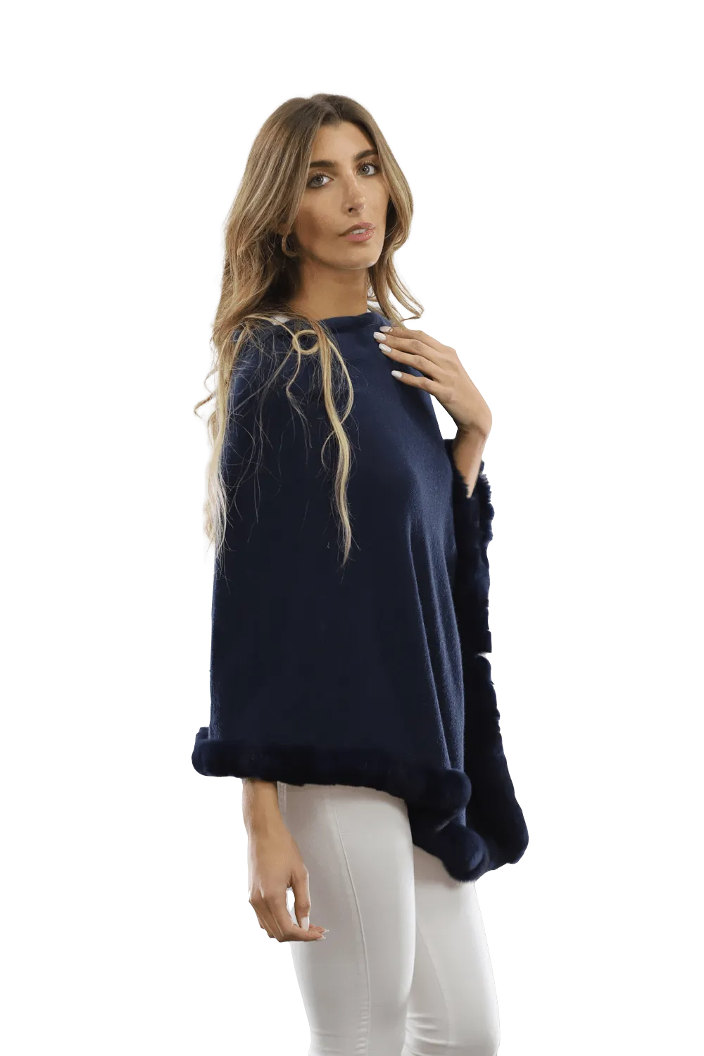 Poncho with Rex Rabbit Trim-Navy