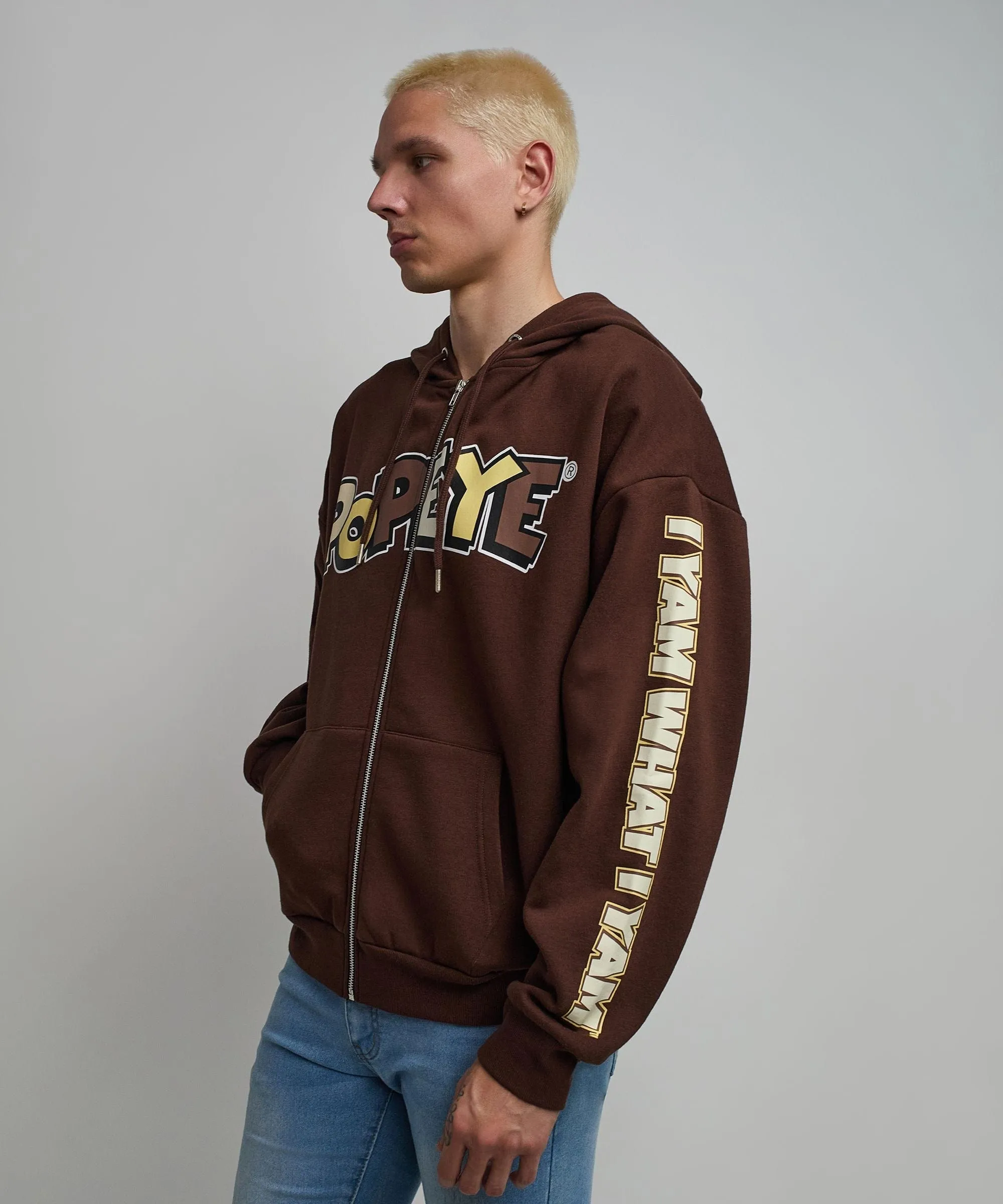 Popeye Full Zip Back Print Hoodie - Brown