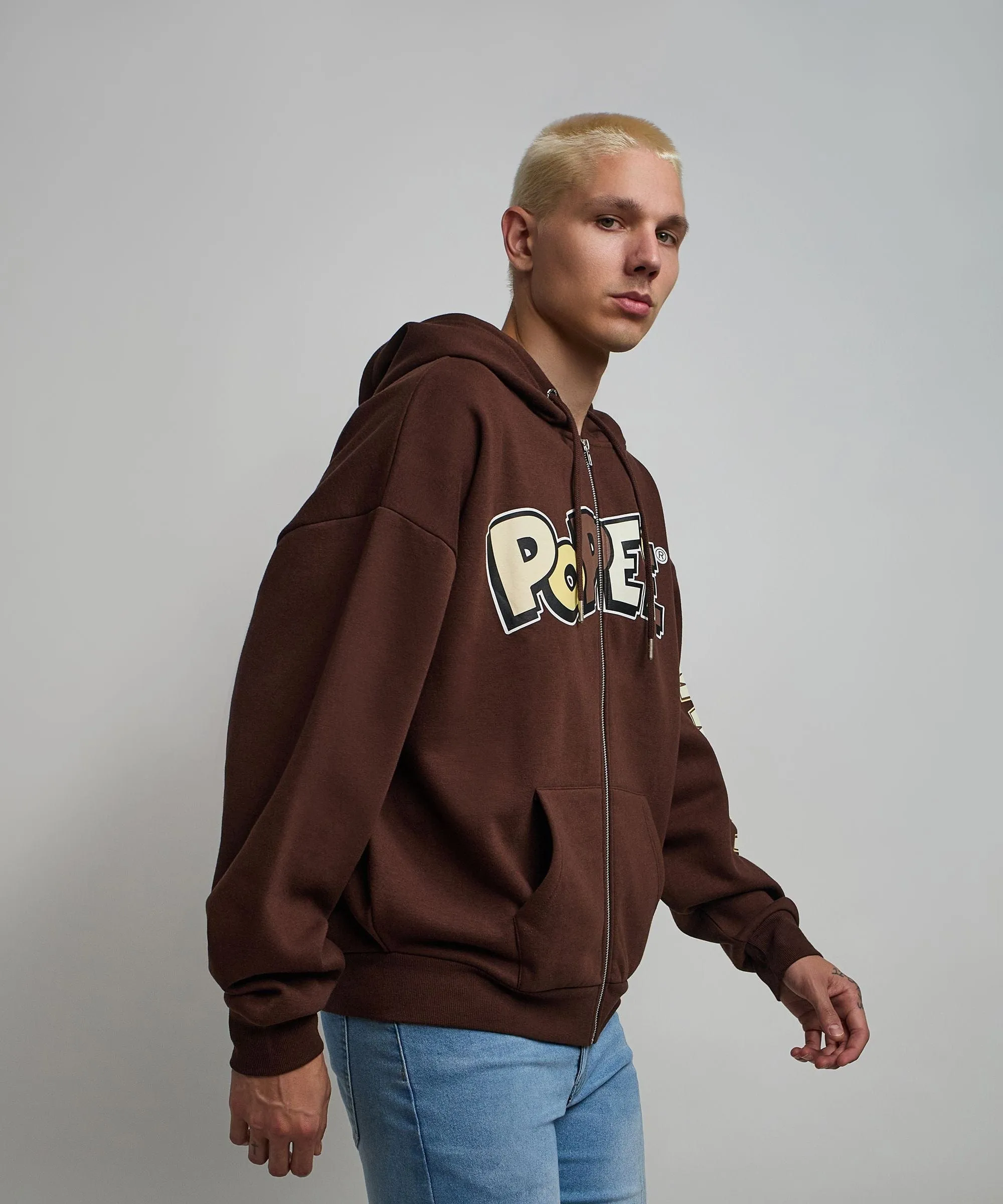 Popeye Full Zip Back Print Hoodie - Brown