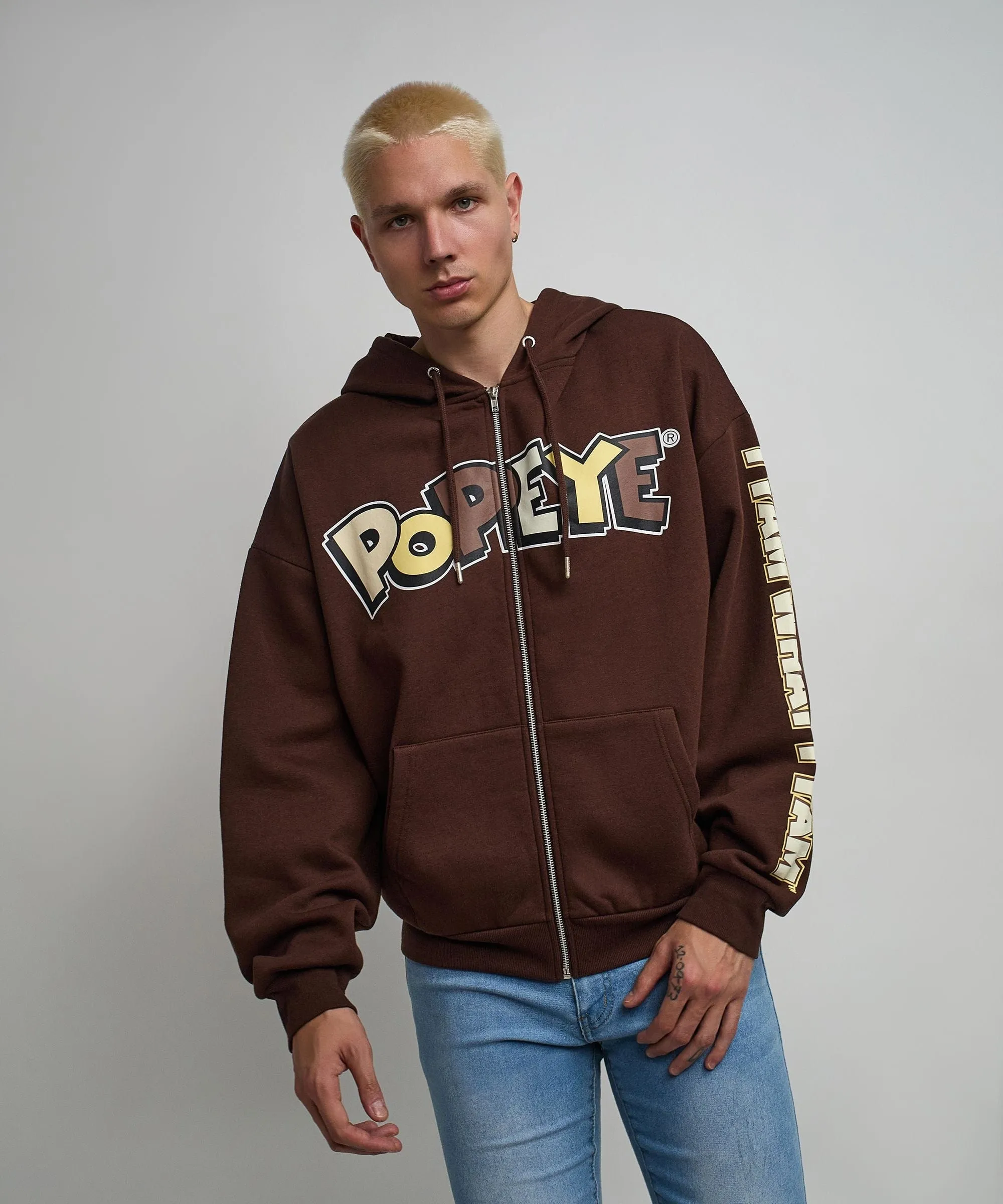 Popeye Full Zip Back Print Hoodie - Brown