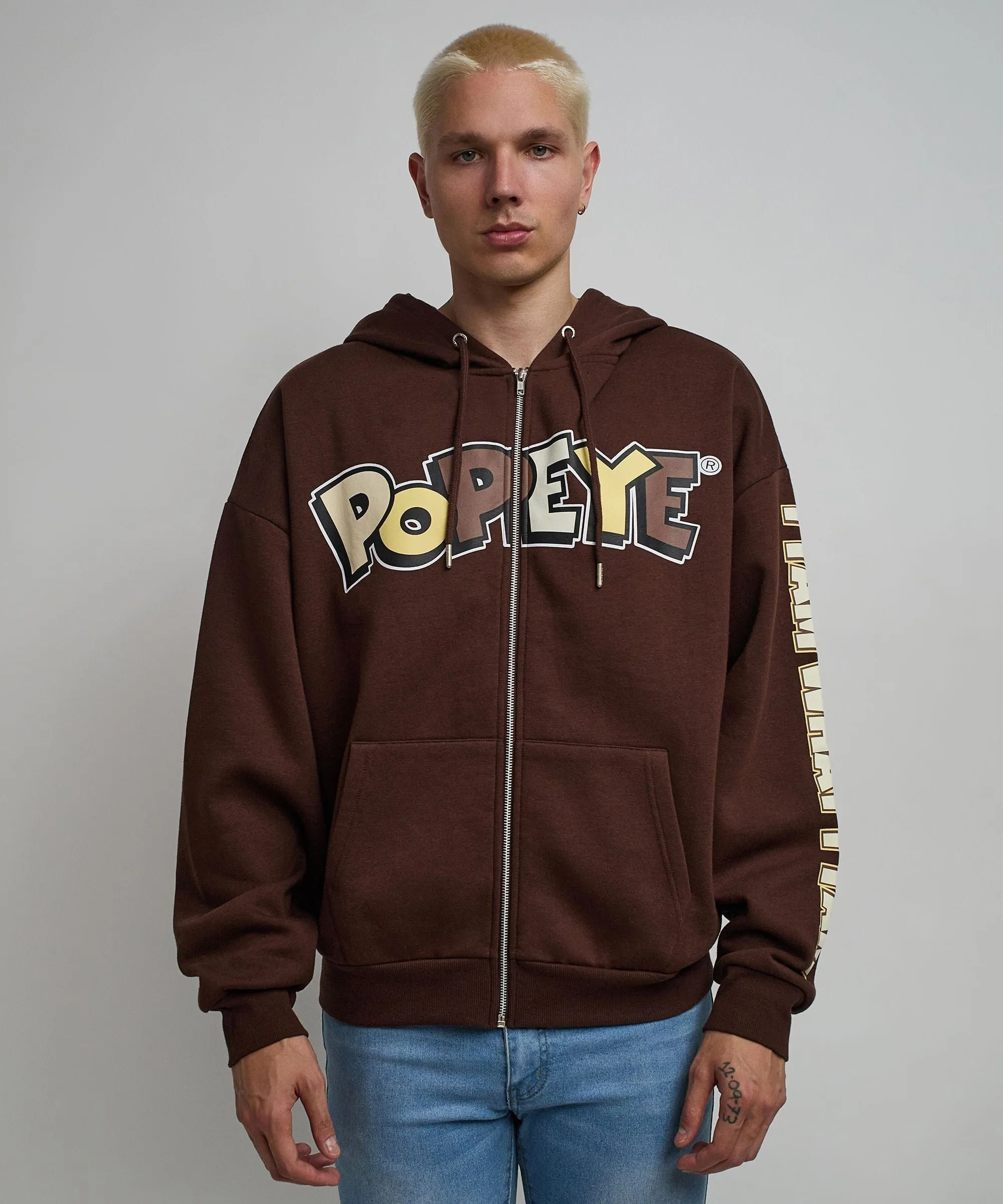 Popeye Full Zip Back Print Hoodie - Brown