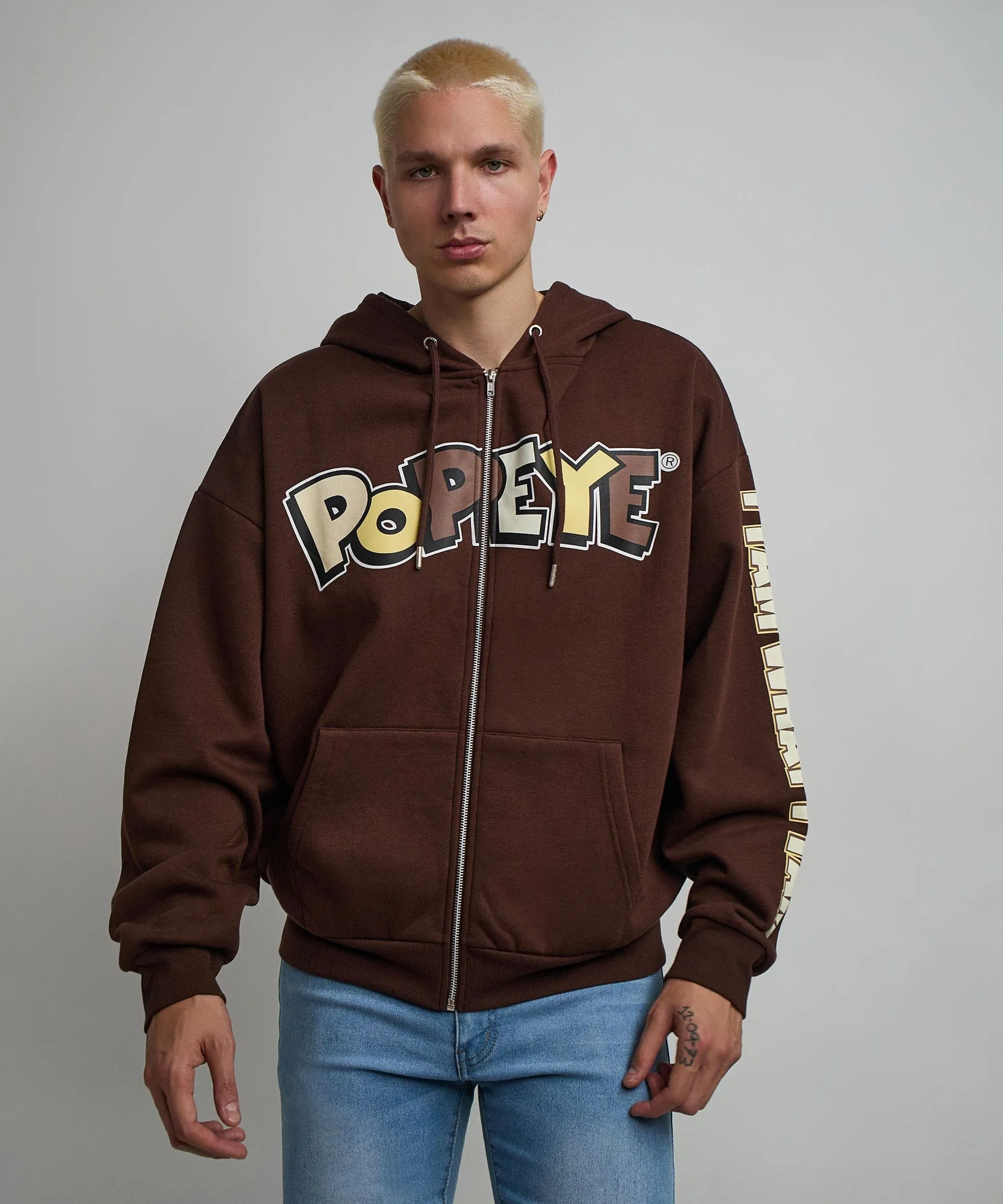 Popeye Full Zip Back Print Hoodie - Brown