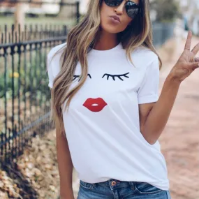 Pretty and Cute Eye Lashes Red Lips Print Women T Shirt Summer Casual