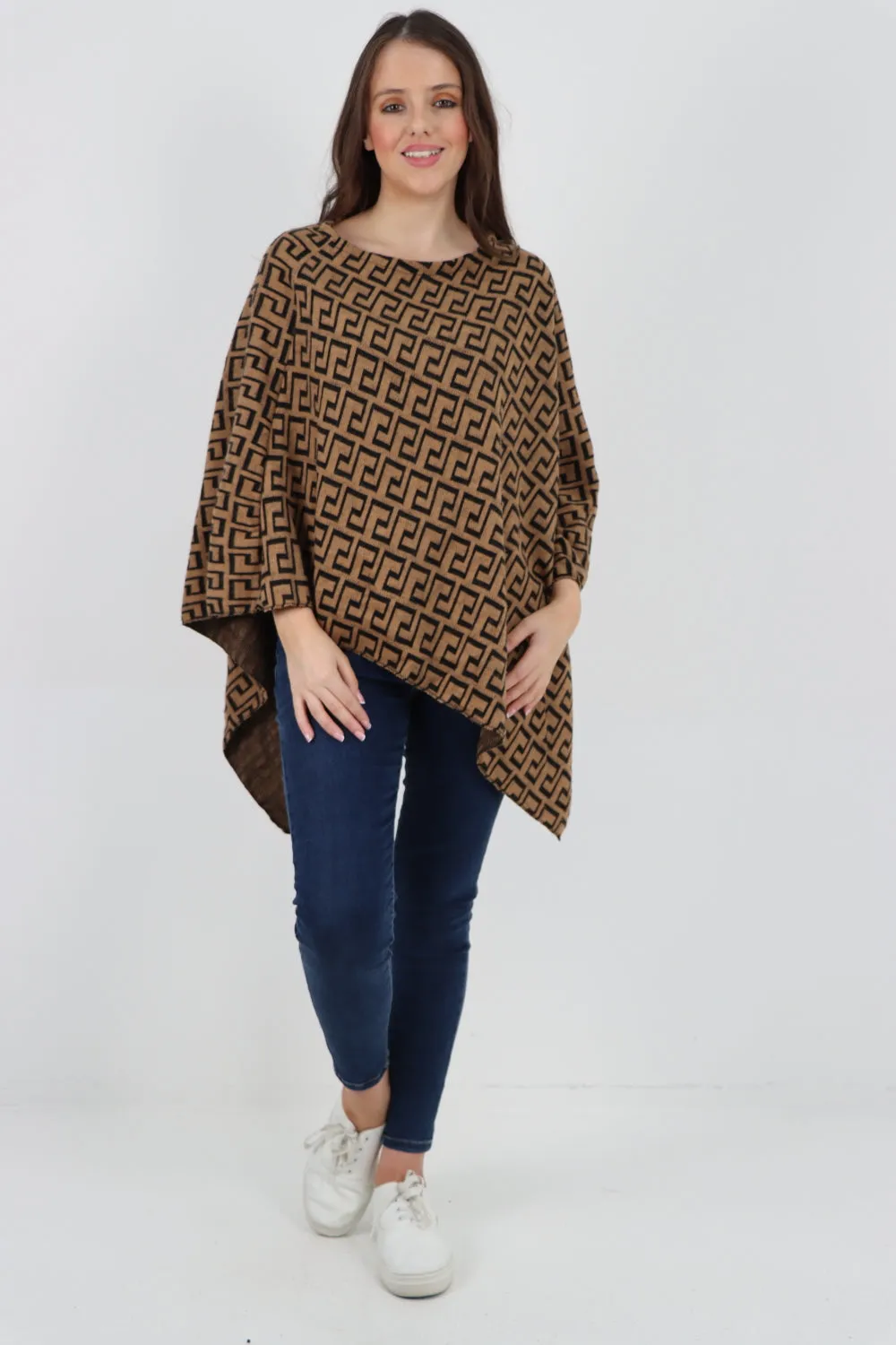 Printed Round Neck Poncho Top