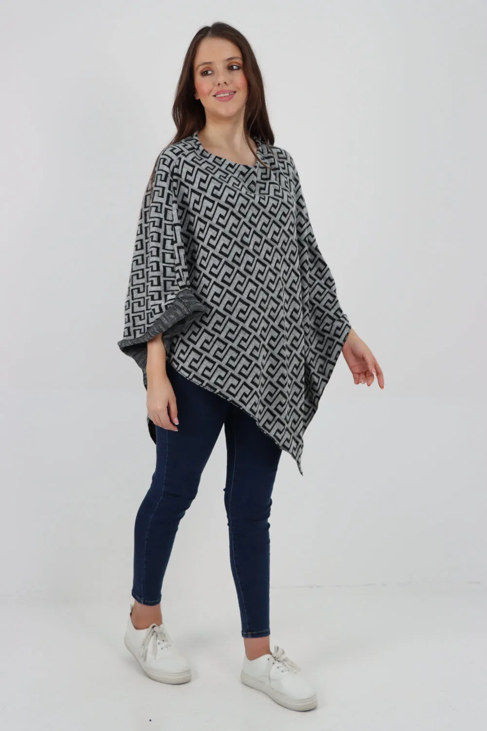 Printed Round Neck Poncho Top