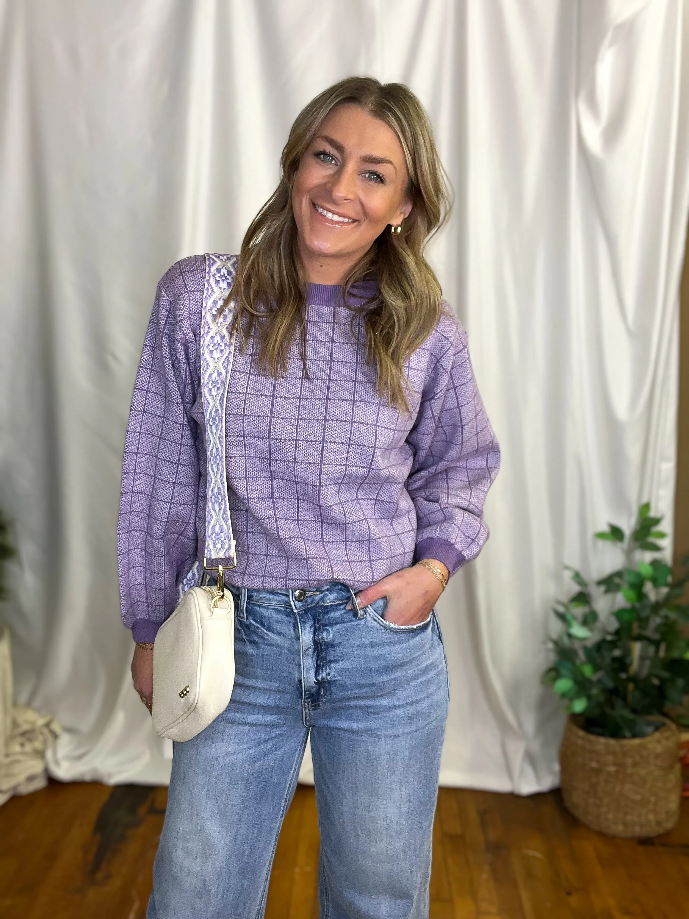 Purple Checkered Pattern Sweater