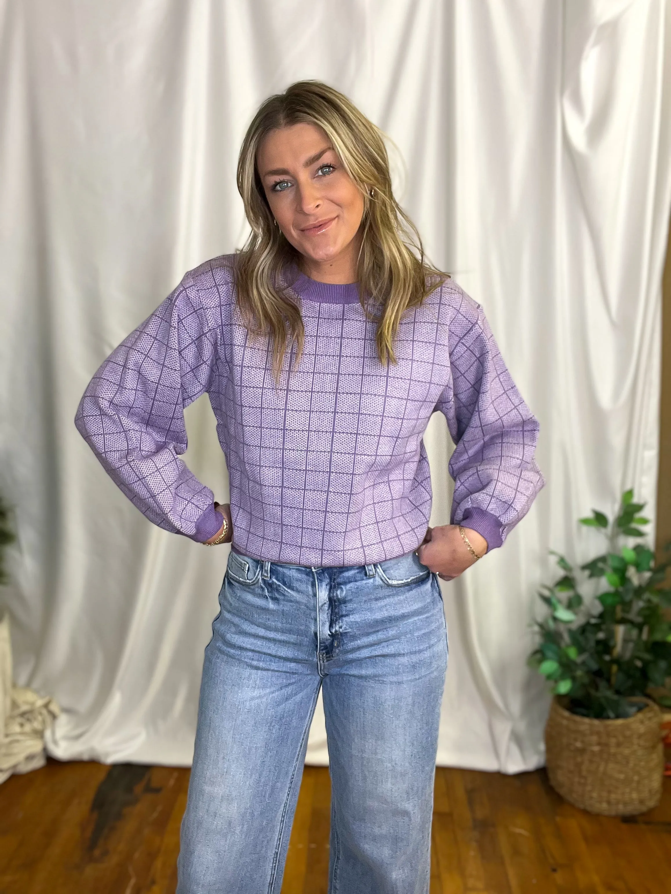 Purple Checkered Pattern Sweater