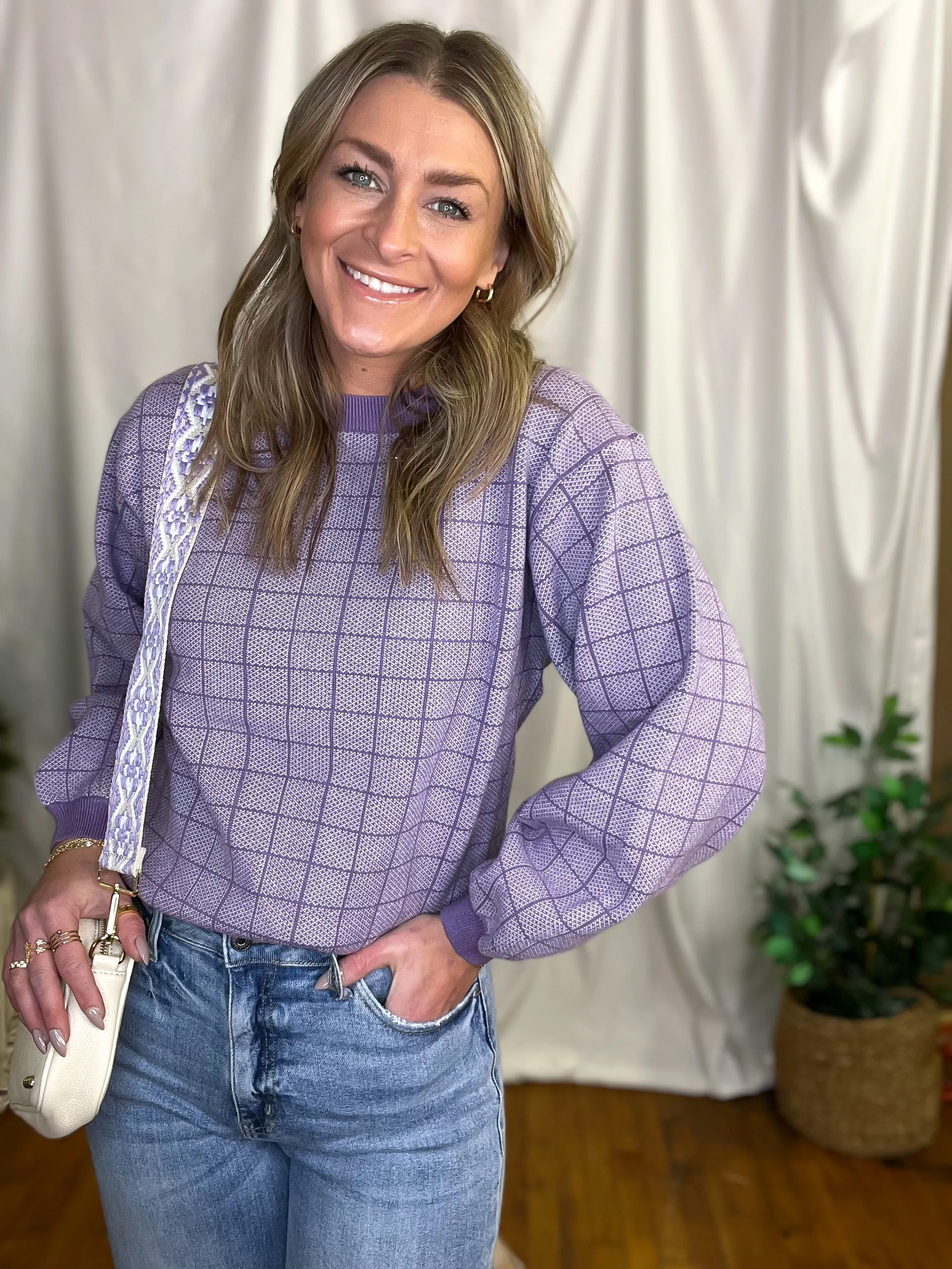 Purple Checkered Pattern Sweater