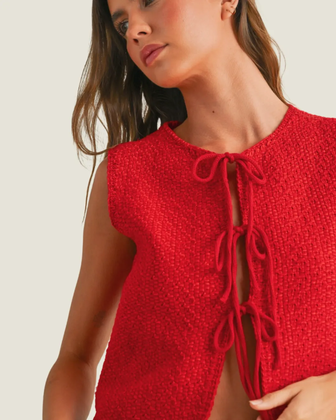 Red Knitted Tied Sleeveless Top