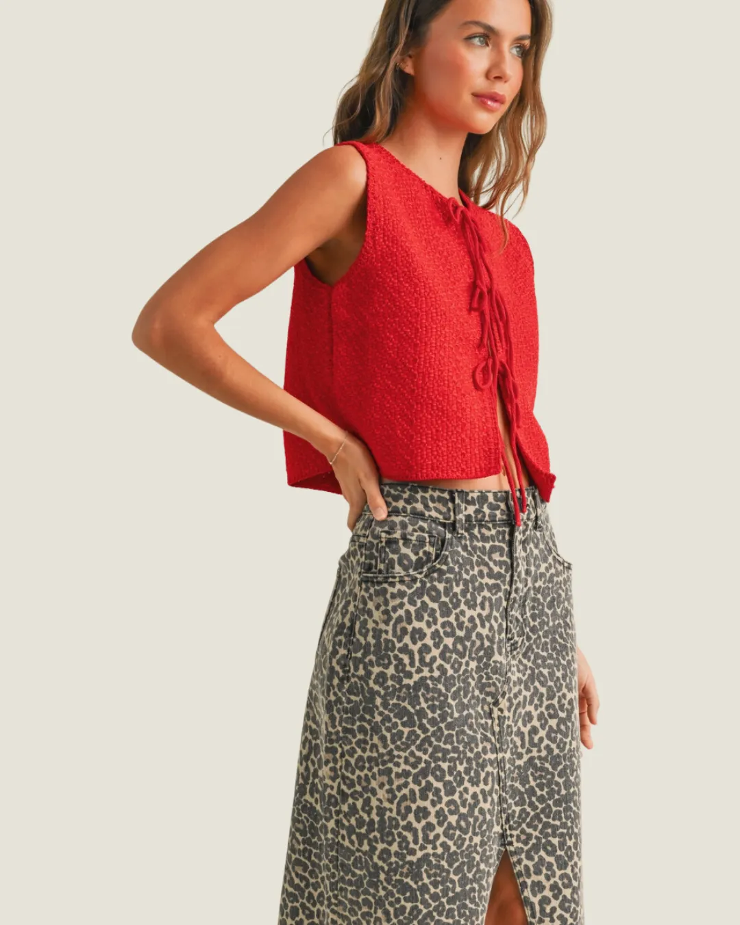 Red Knitted Tied Sleeveless Top