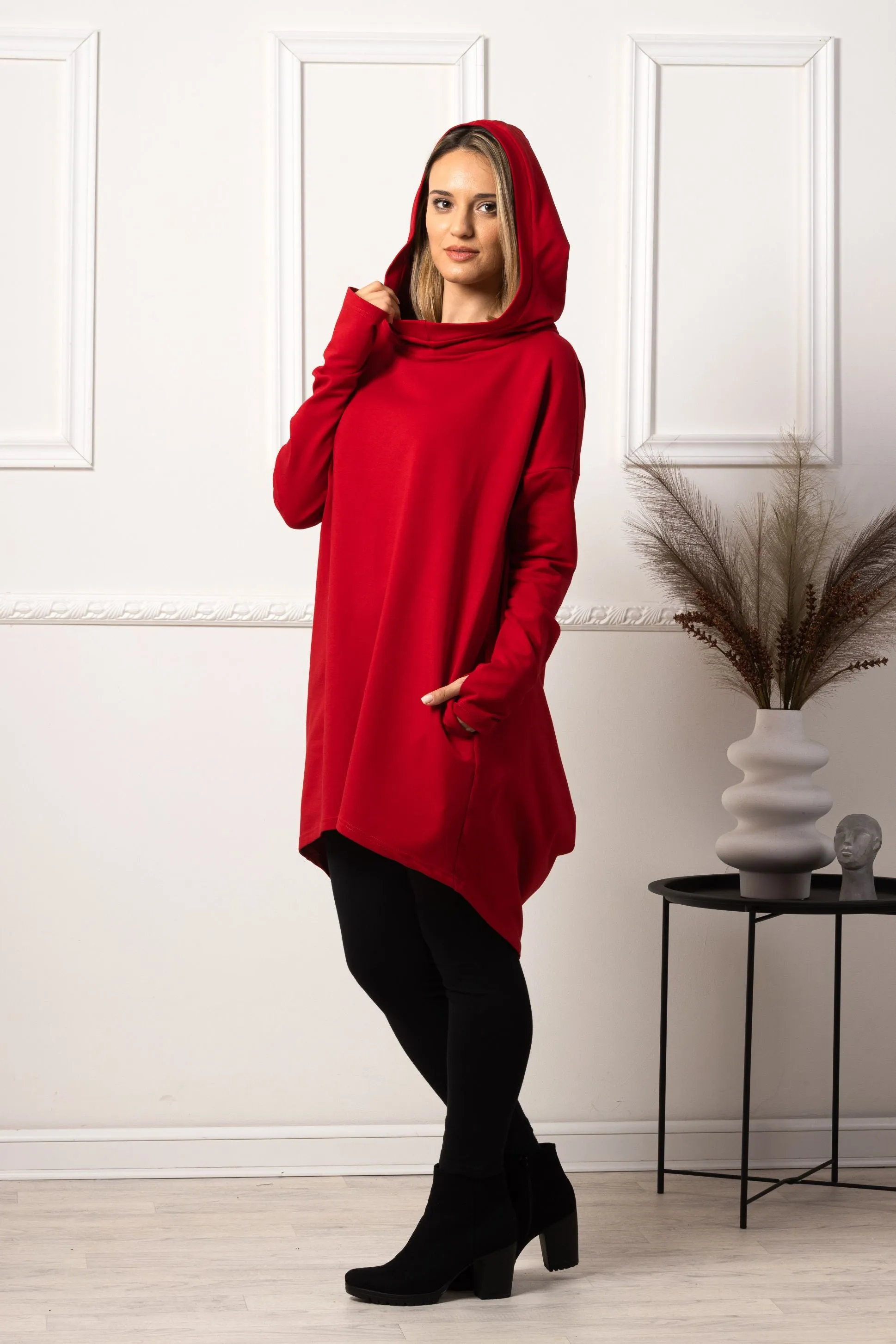 Red Oversized Hoodie with Thumb Holes