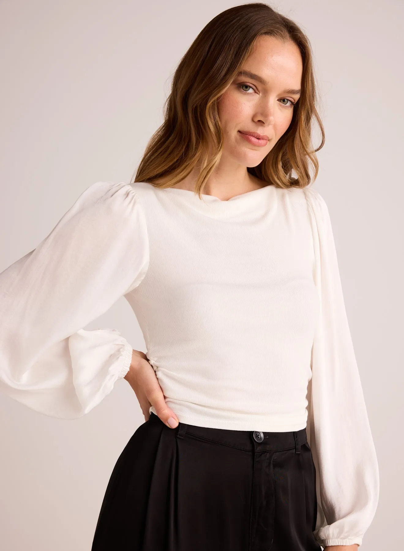 Ruched Waist Flowy Sleeve Top - Winter White