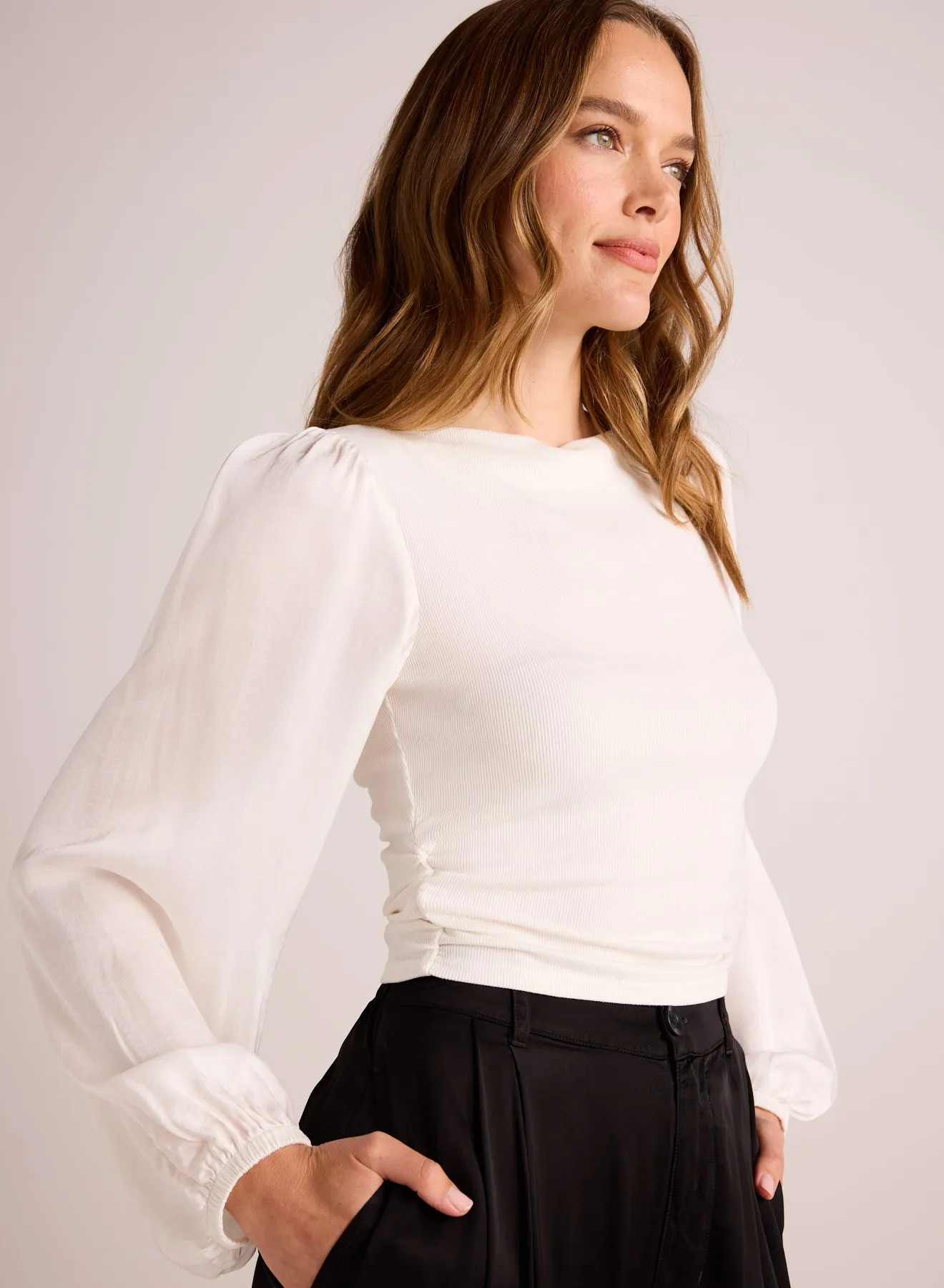 Ruched Waist Flowy Sleeve Top - Winter White