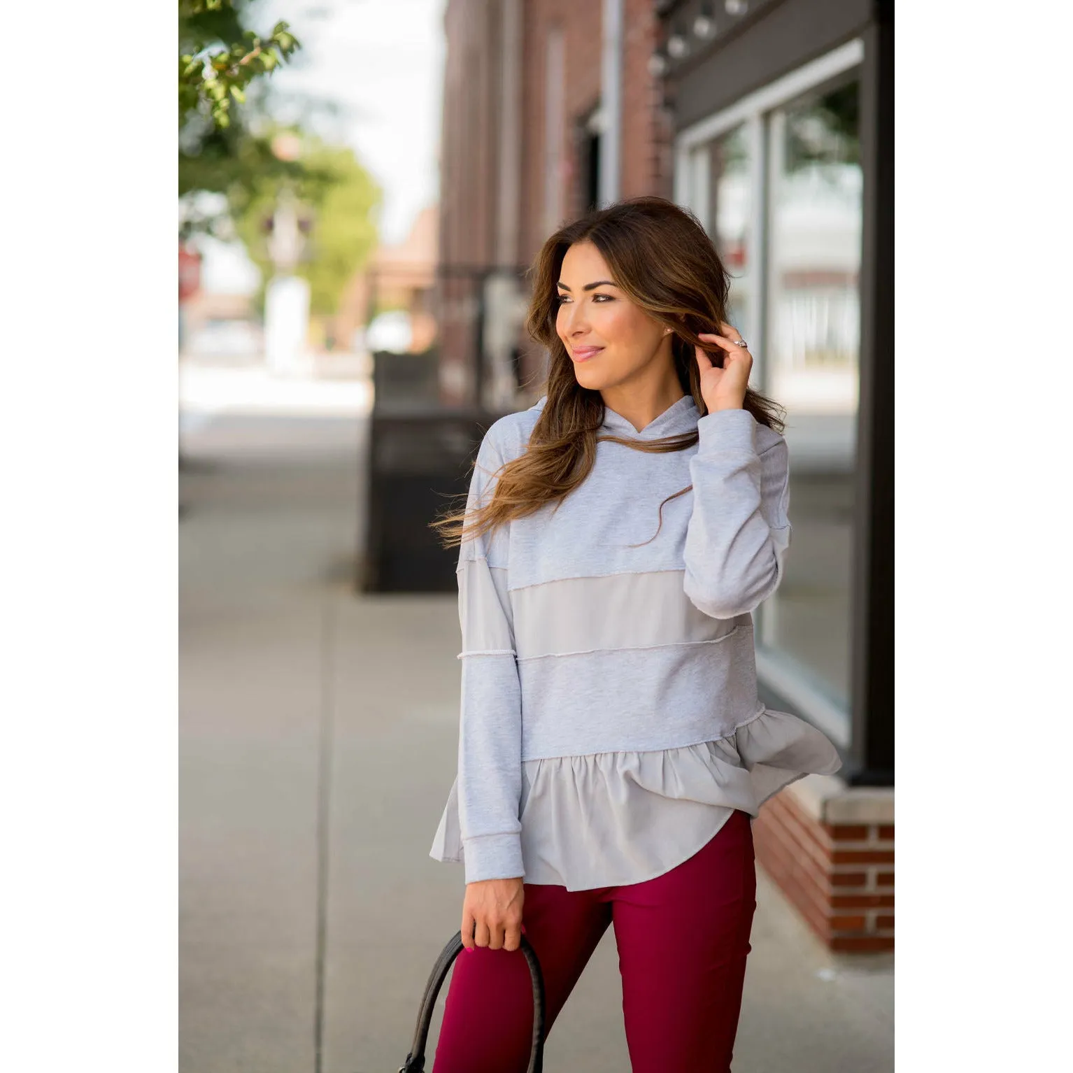 Ruffle Bottom Blouse Accent Hoodie