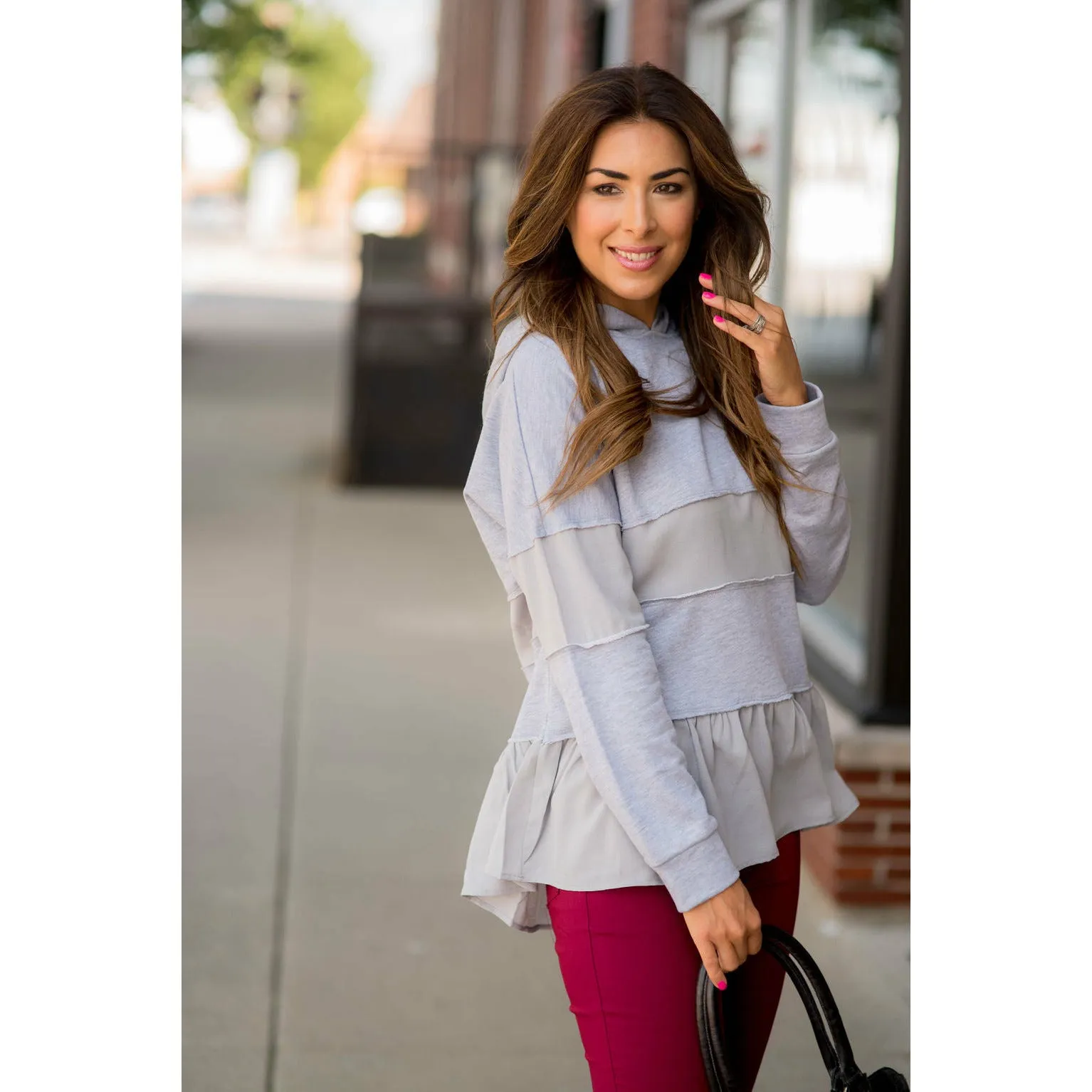 Ruffle Bottom Blouse Accent Hoodie