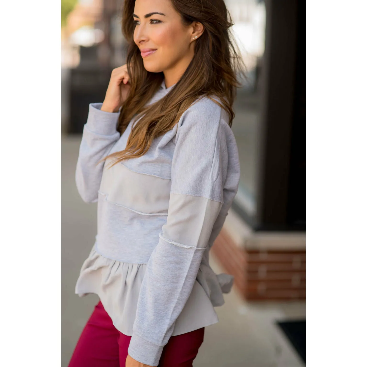 Ruffle Bottom Blouse Accent Hoodie