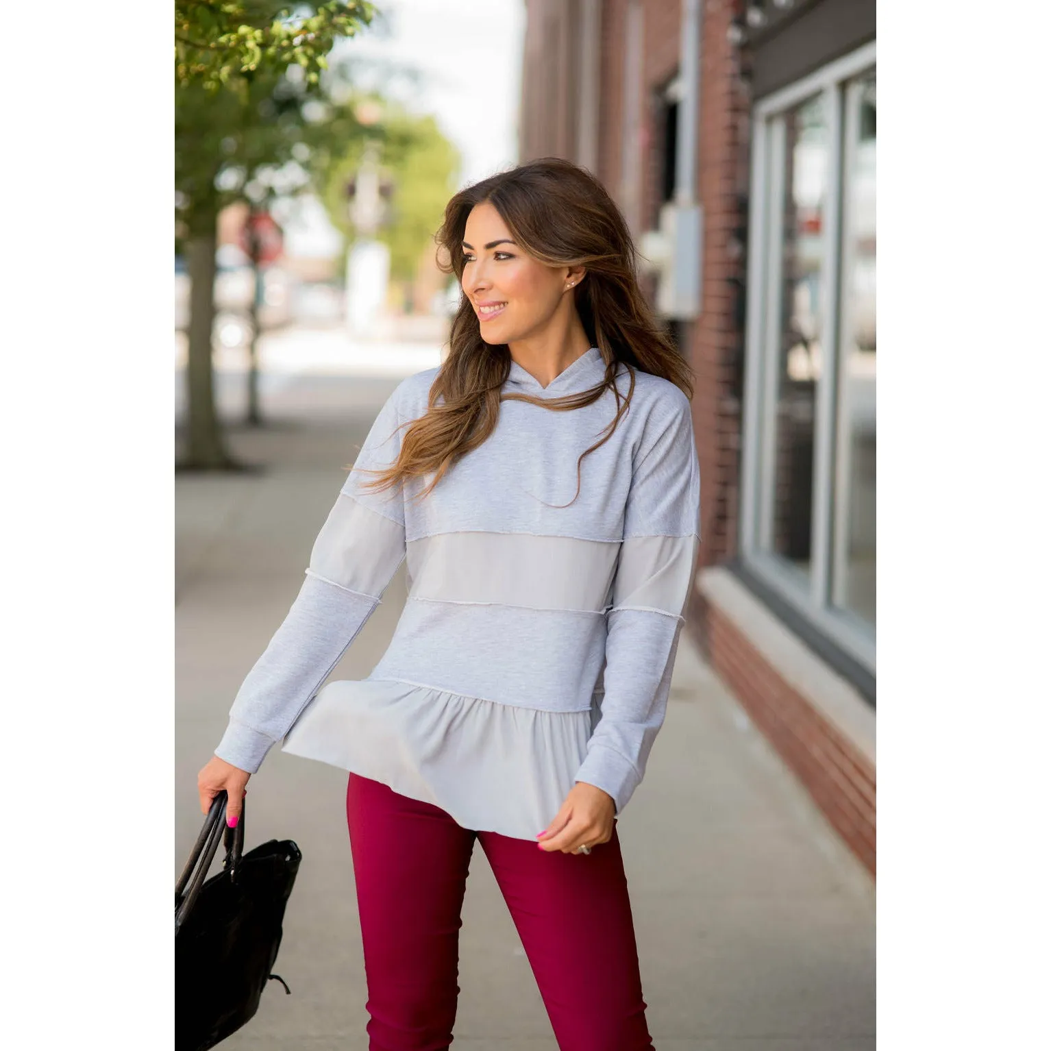 Ruffle Bottom Blouse Accent Hoodie