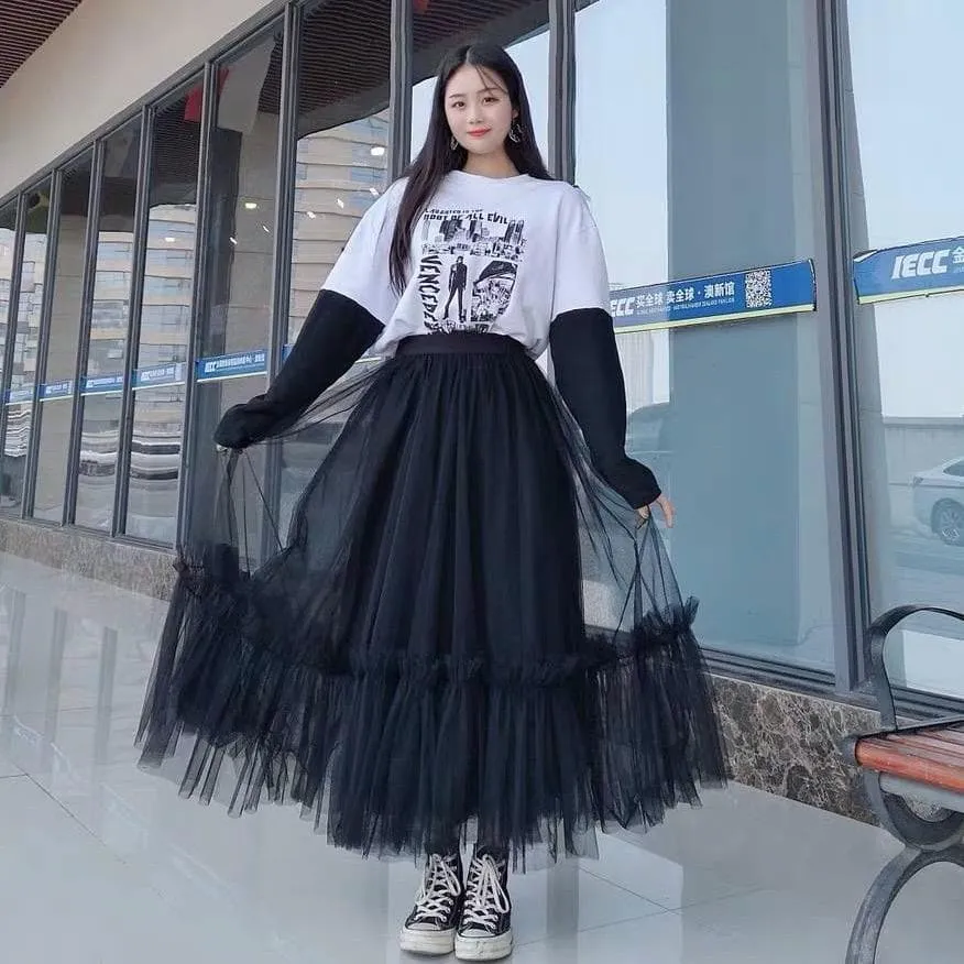 Ruffled Tulle Maxi Skirt