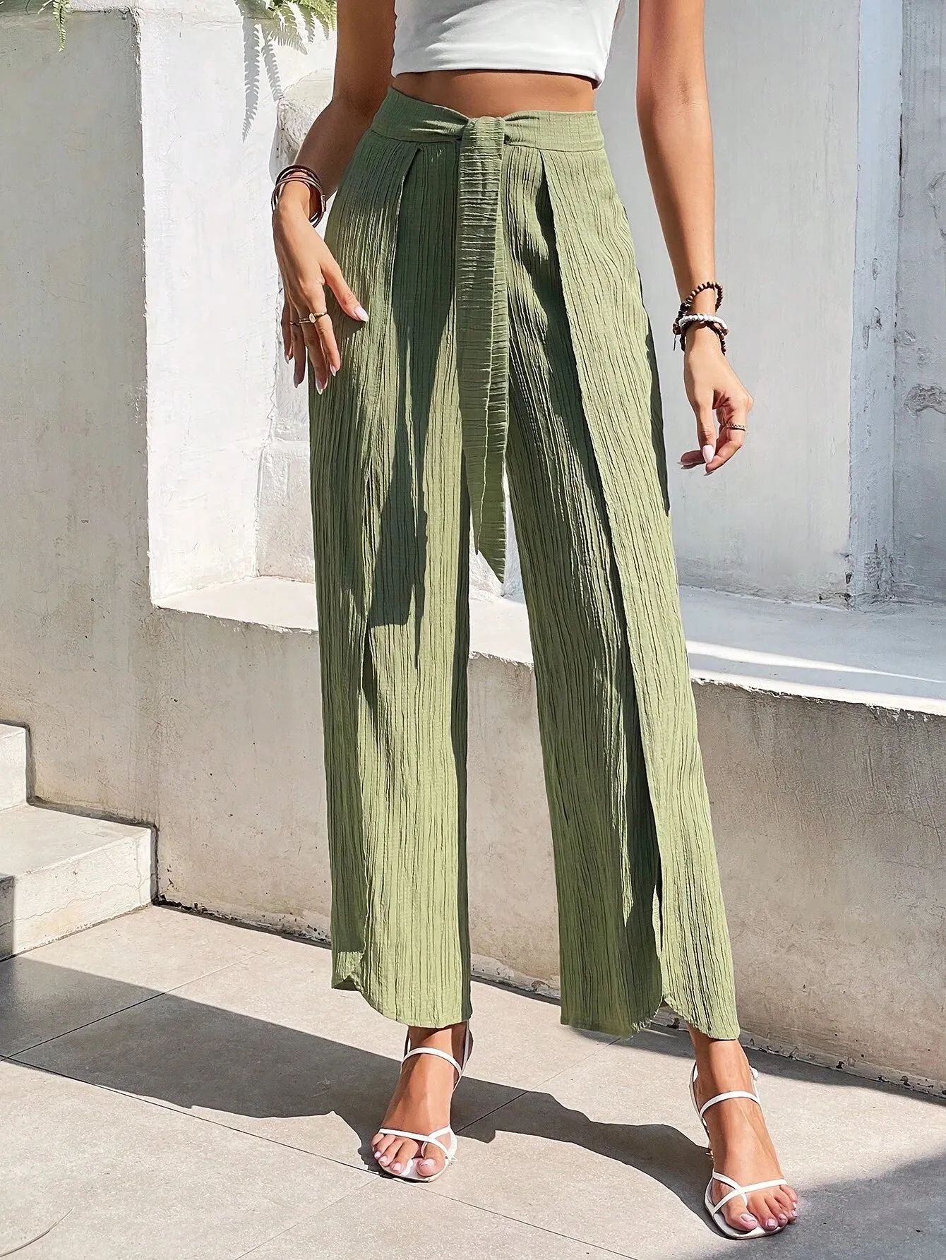 SHEIN Frenchy Split Thigh Belted Wide Leg Pants