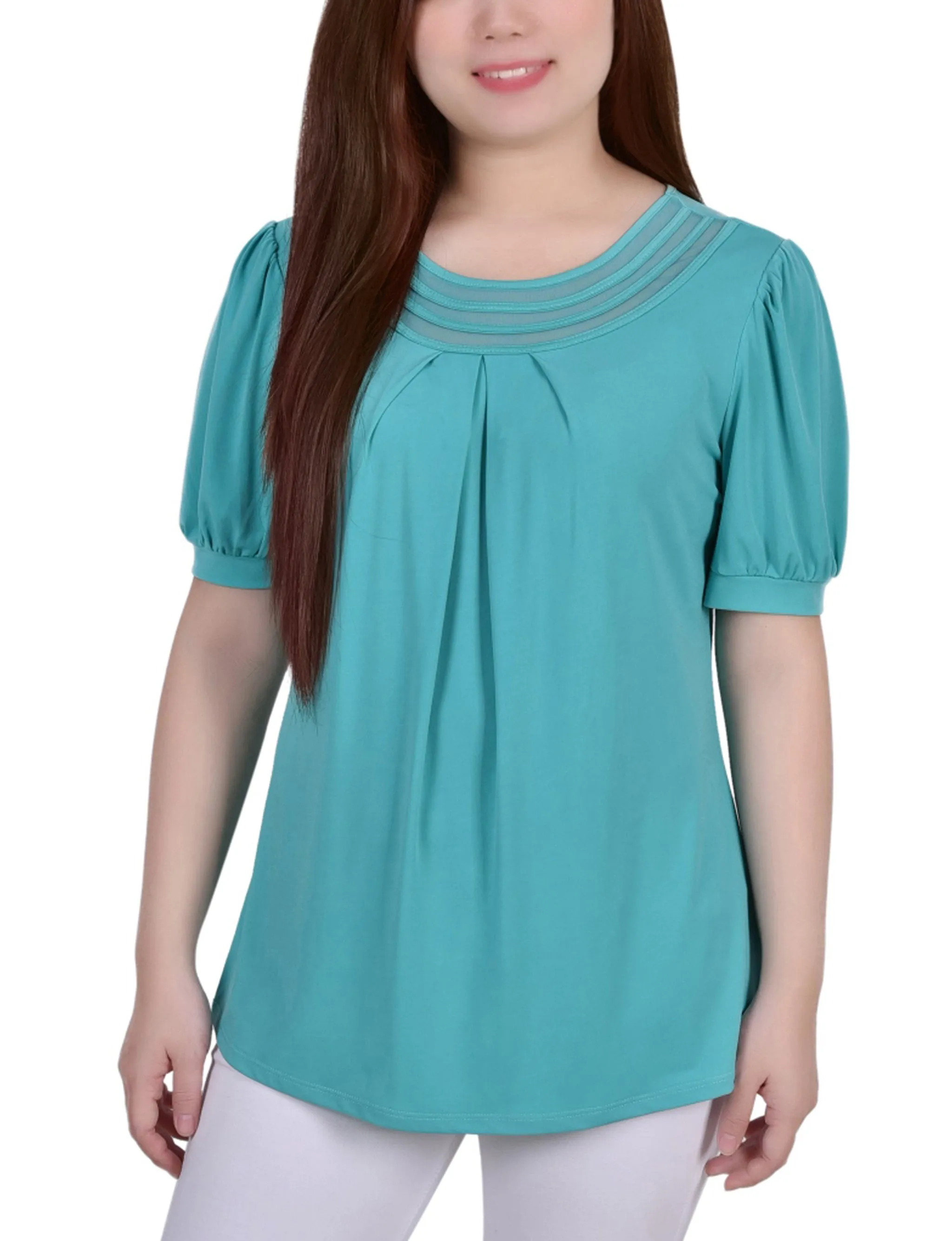 Short Puff Sleeve Sheer Inset Top